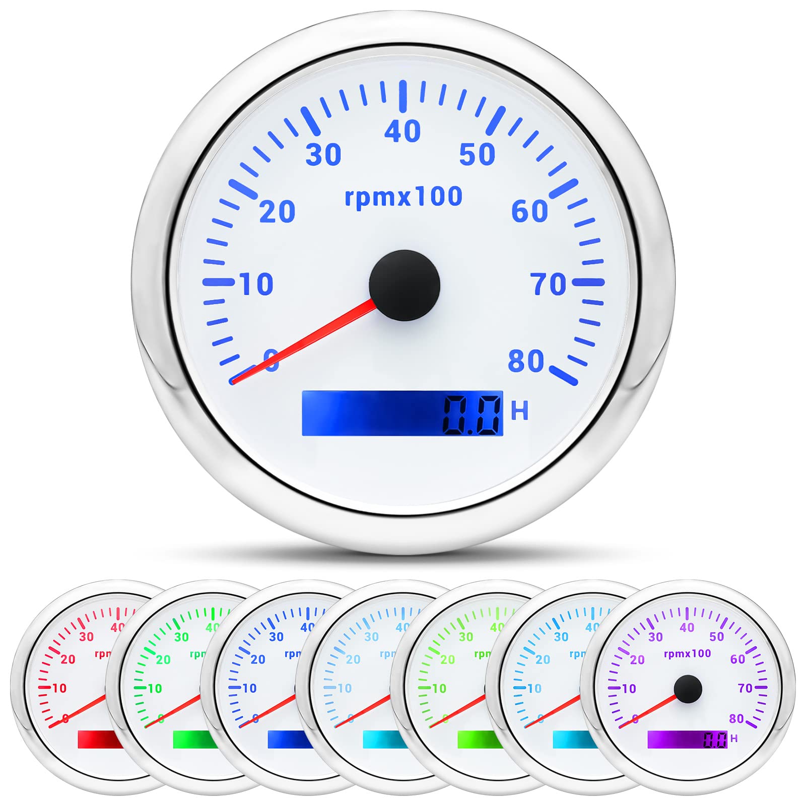 Artilaura Tachometer Boat Tacometro 85Mm 3-3/8'' 7 Color Led 8000 Rpm Gauge For Car Auto Marine Truck 9-32V (White)
