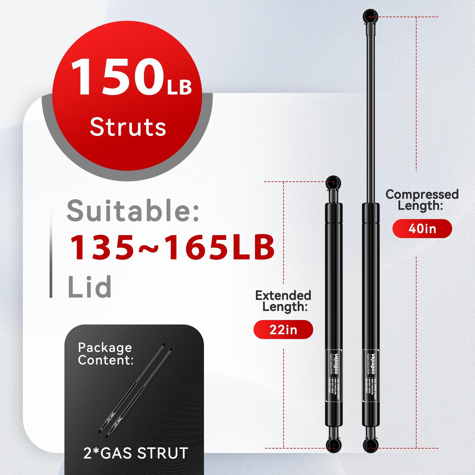 Vepagoo 40-Inch 150Lb Gas Struts Shocks, 667N Lift Support for Heavy Duty Lid, Carbon Steel, 2pcs (1 Pair)
