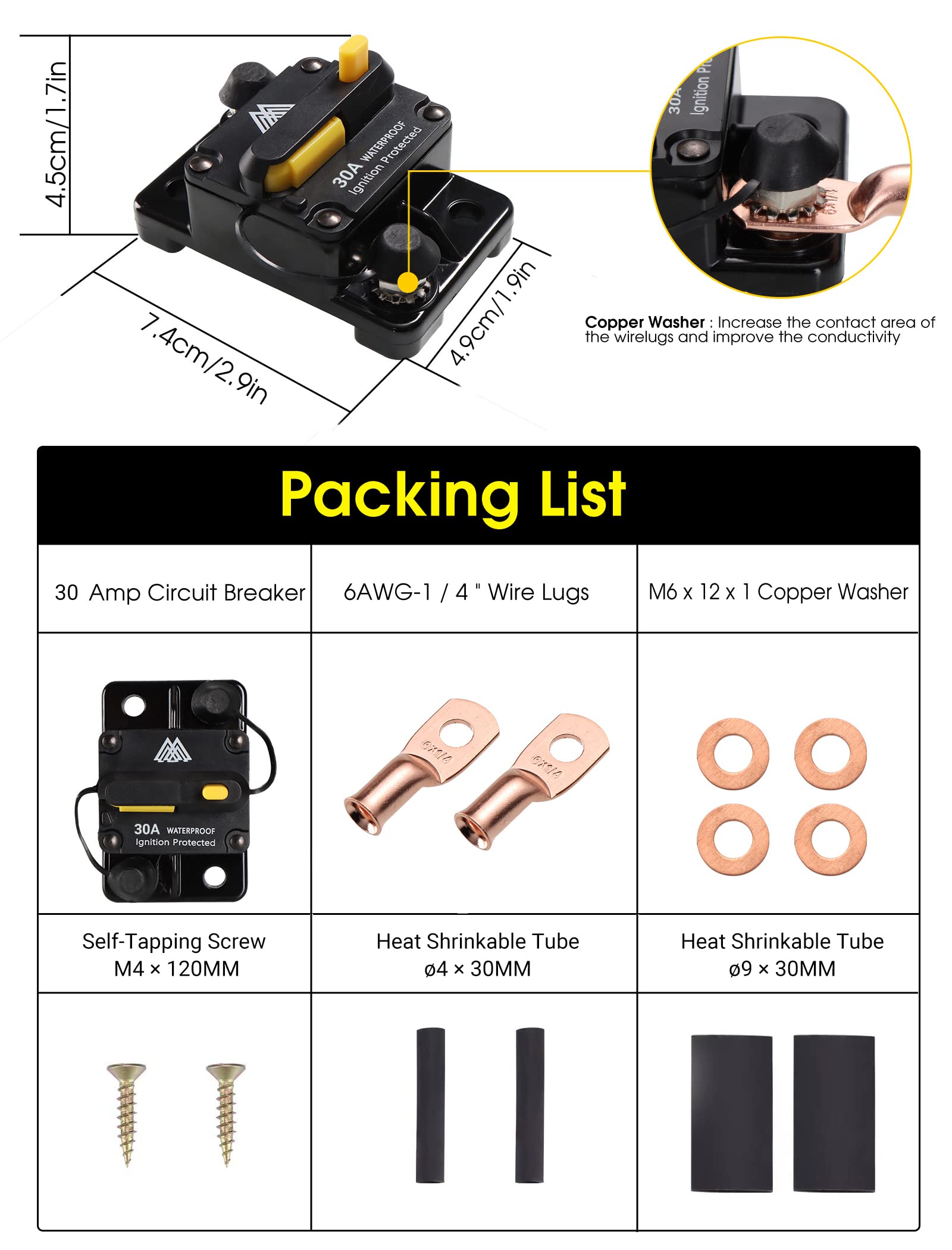 30 Amp Circuit Breaker With Manual Reset Car Marine Trolling Motors Boat Rv Atv 12V-48Vdc Waterproof Audio System Fuse