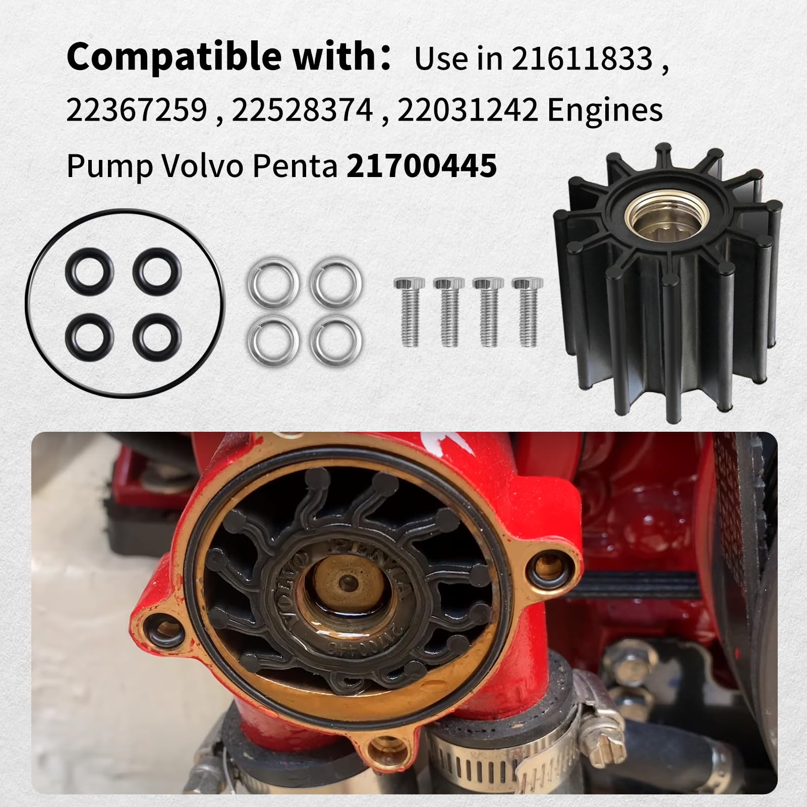 Vanshly,Sea Water Pump Threaded Impeller Repair Kit Replaces Volvo Penta 21700445,Fits V6,V8,5.7Gasoline Engine Models