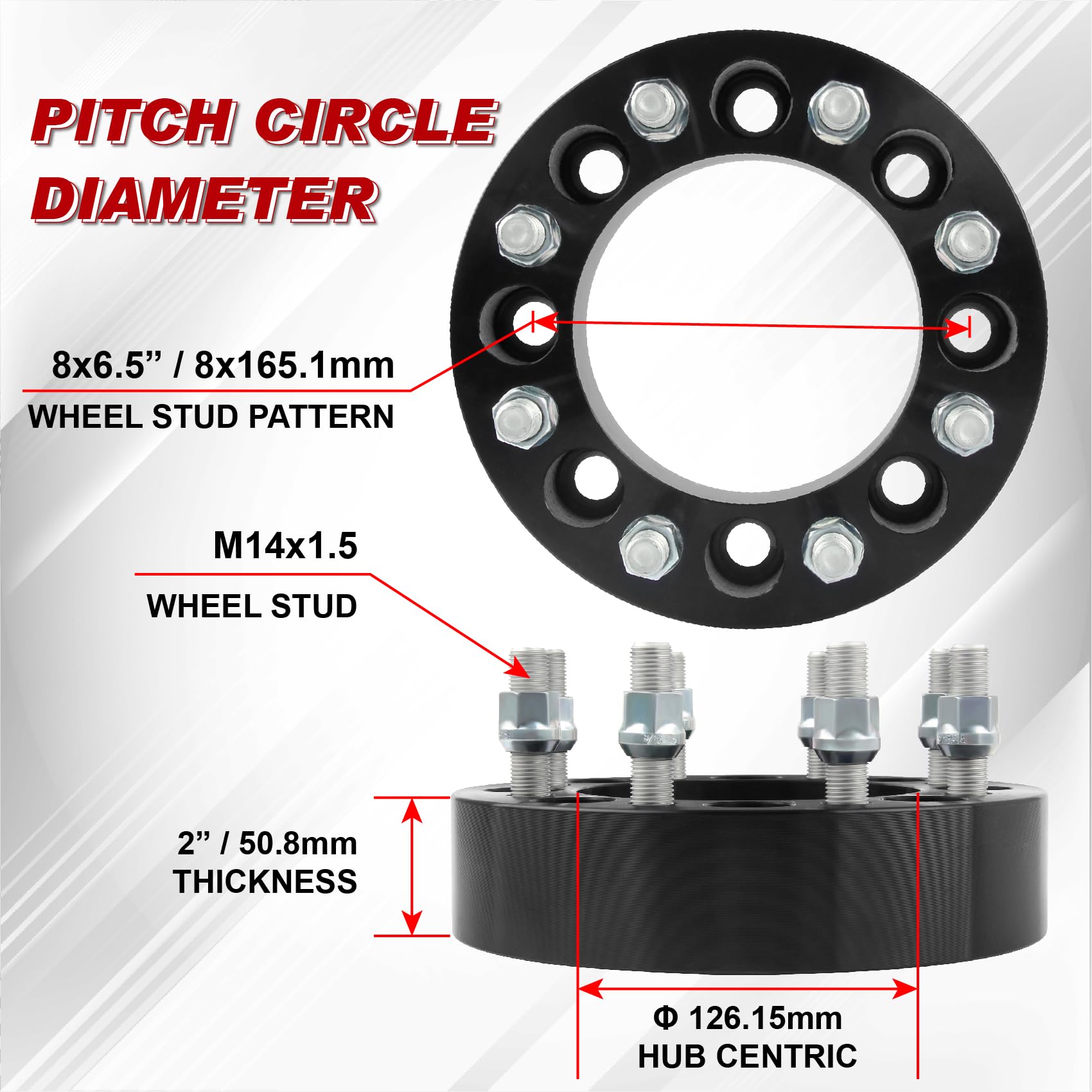 8x6.5 Wheel Spacers for 2013-2023 Ram 2500, 2012-2018 Ram 3500 with 14x1.5 Studs, 2 PCS 2 inch 8x165.1mm 8 Lug Forged Wheel Spac