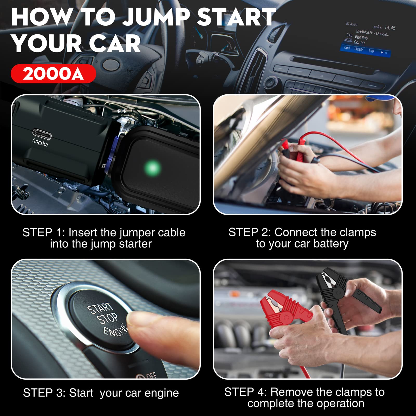 Nexpow 2000A Battery Jumper Starter Portable, 12V Car Jump Starter, Auto Battery Booster, Lithium Jump Box With Led Light/Usb Qu