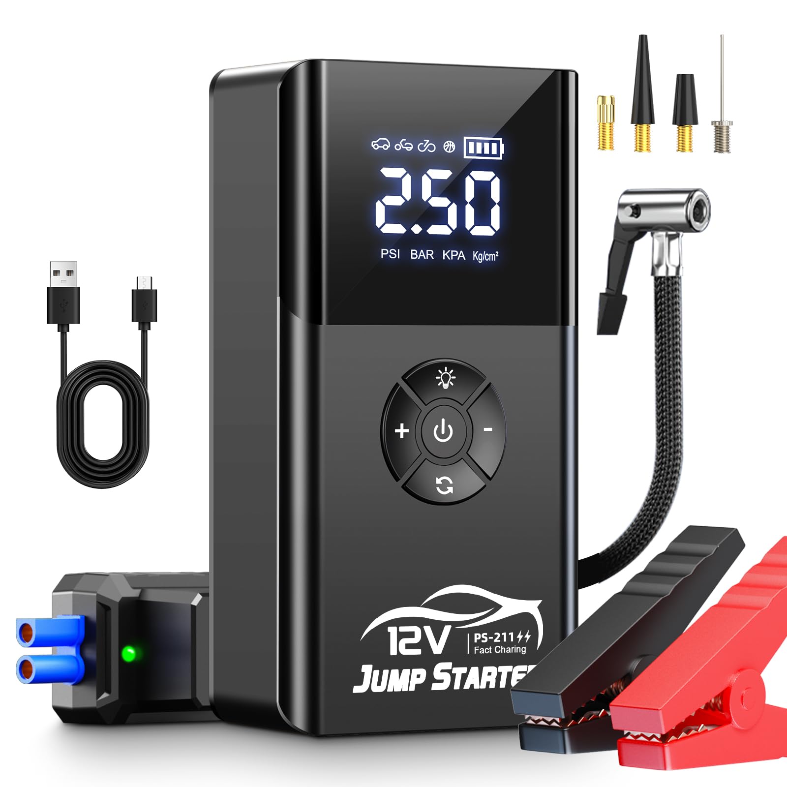 Jump Starter with Air Compressor, 8000A 180PSI, Portable Car Battery Jump Starter (All Gas/12L Diesel) 12V Automobile Jump Box P