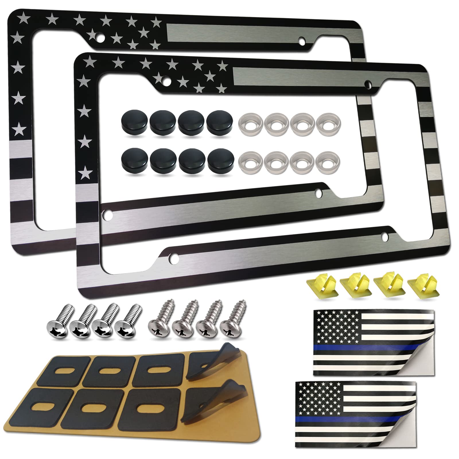 Fbjtdq American Flag License Plate Frames - 2 Pack Usa Patriotic Black Car Tag Holder, 4 Hole Brushed Aluminum Cover With Screw