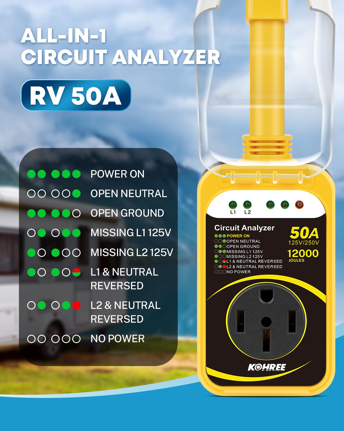 Kohree 50A RV Surge Protector - Waterproof Voltage Protection Adapter, Model KR6432, Yellow, 12000J for Travel Trailers & Campers