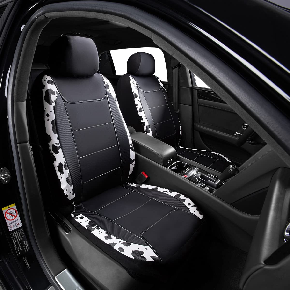 Flying Banner Car Seat Covers Protects Water Proof Faux Leather Carbon Fiber Fronts Rear Bench Covers (Cow Black, Full Set - Com