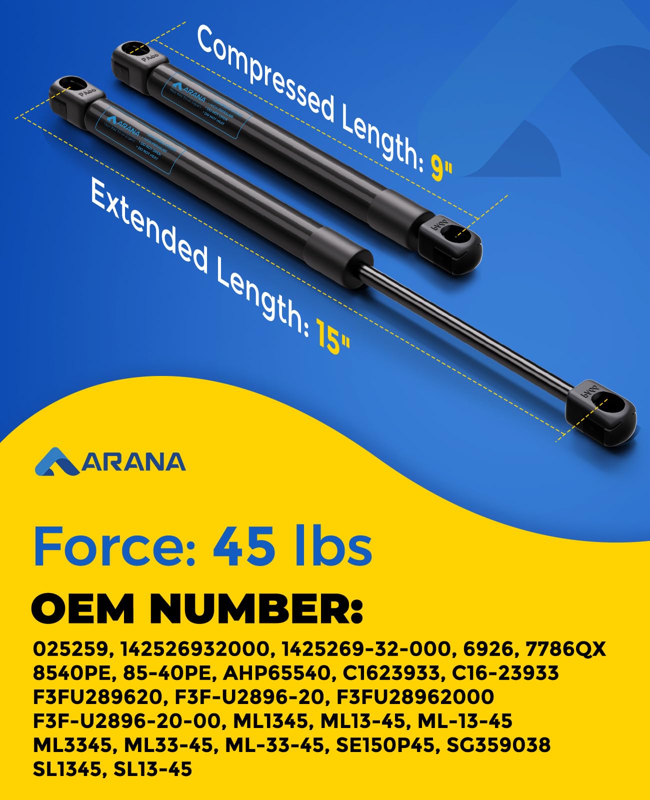 ARANA 15 Inch Gas Struts Spring Shocks Lift Supports for Pickup Truck Cap, 36-50lb Support Weight, Nylon Material