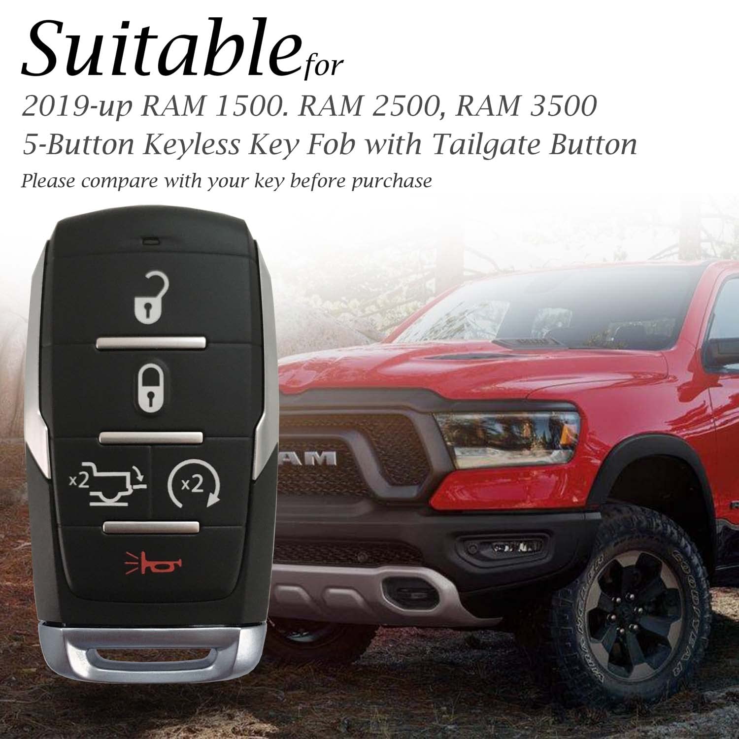 Vitodeco Genuine Leather Smart Key Fob Case Cover Protector Compatible with RAM 1500, RAM 2500, RAM 3500 2019 - 2025 (5-Button w