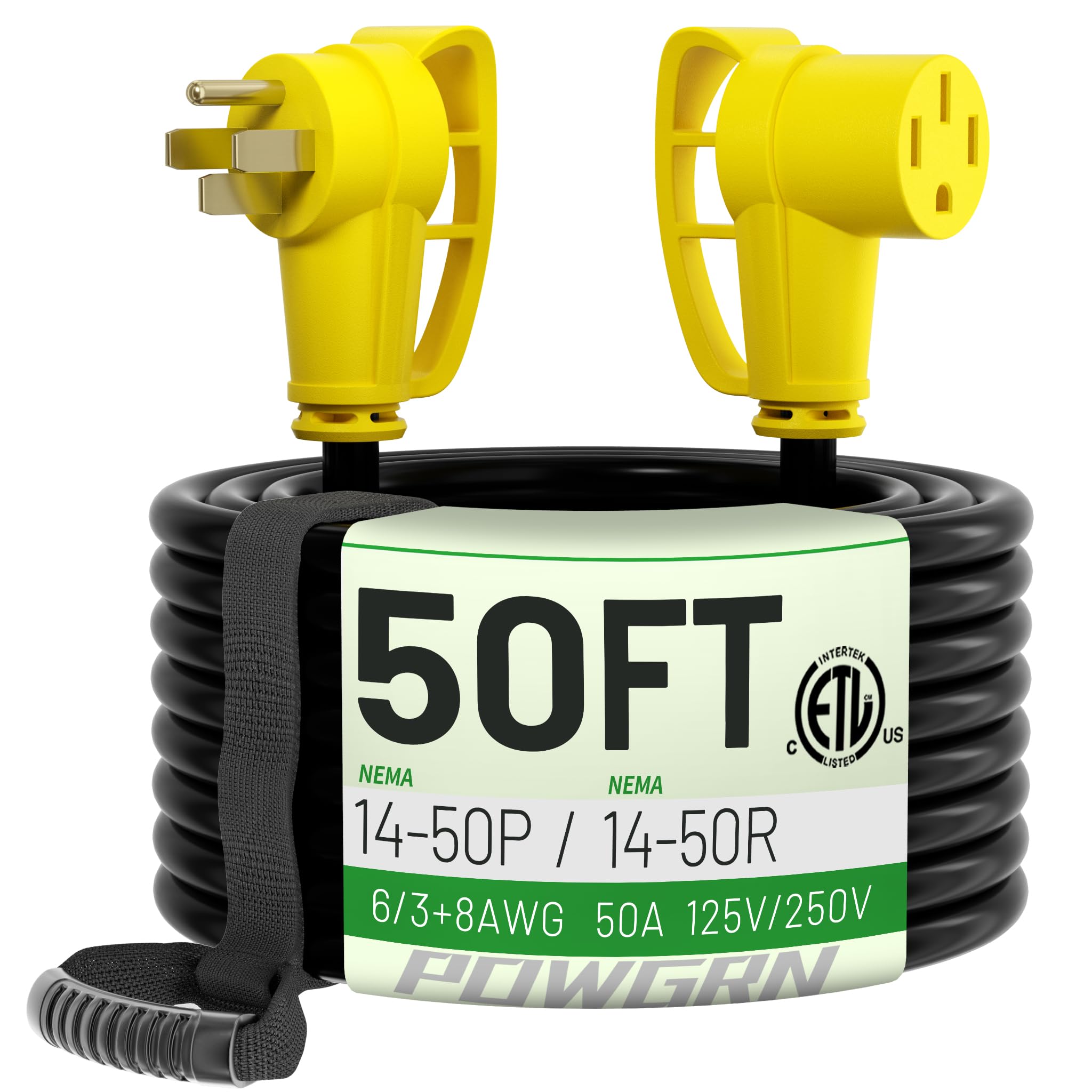 Powgrn 50 Amp Rv/Ev Extension Cord 50 Ft Outdoor With Grip Handle, Flexible Heavy Duty 6/3+8/1 Gauge Stw 4 Prong Rv Power Cord W