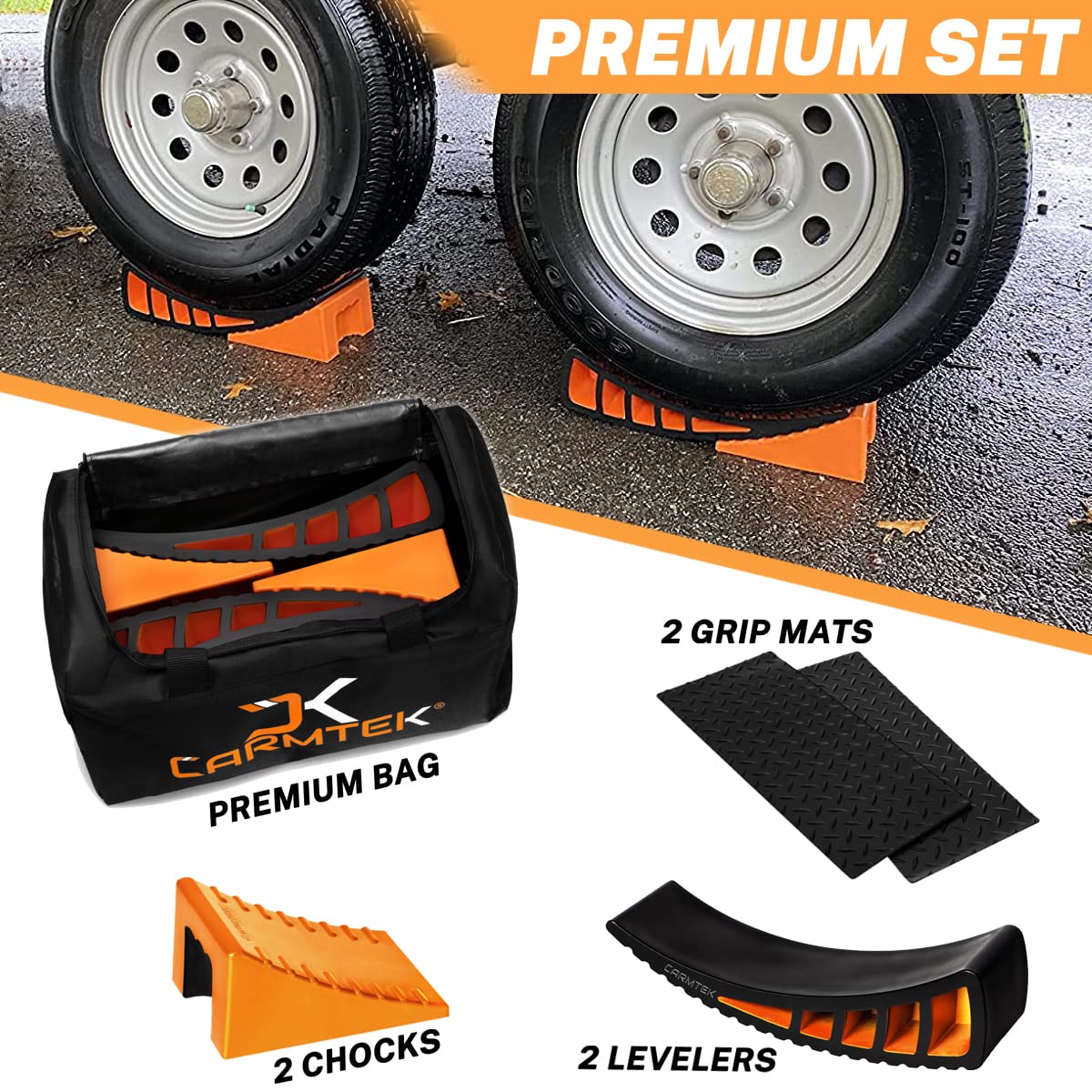 CARMTEK Camper Leveler Kit - Curved RV Levelers with Wheel Chocks & Rubber Mats, Model 0035547, Premium Performance