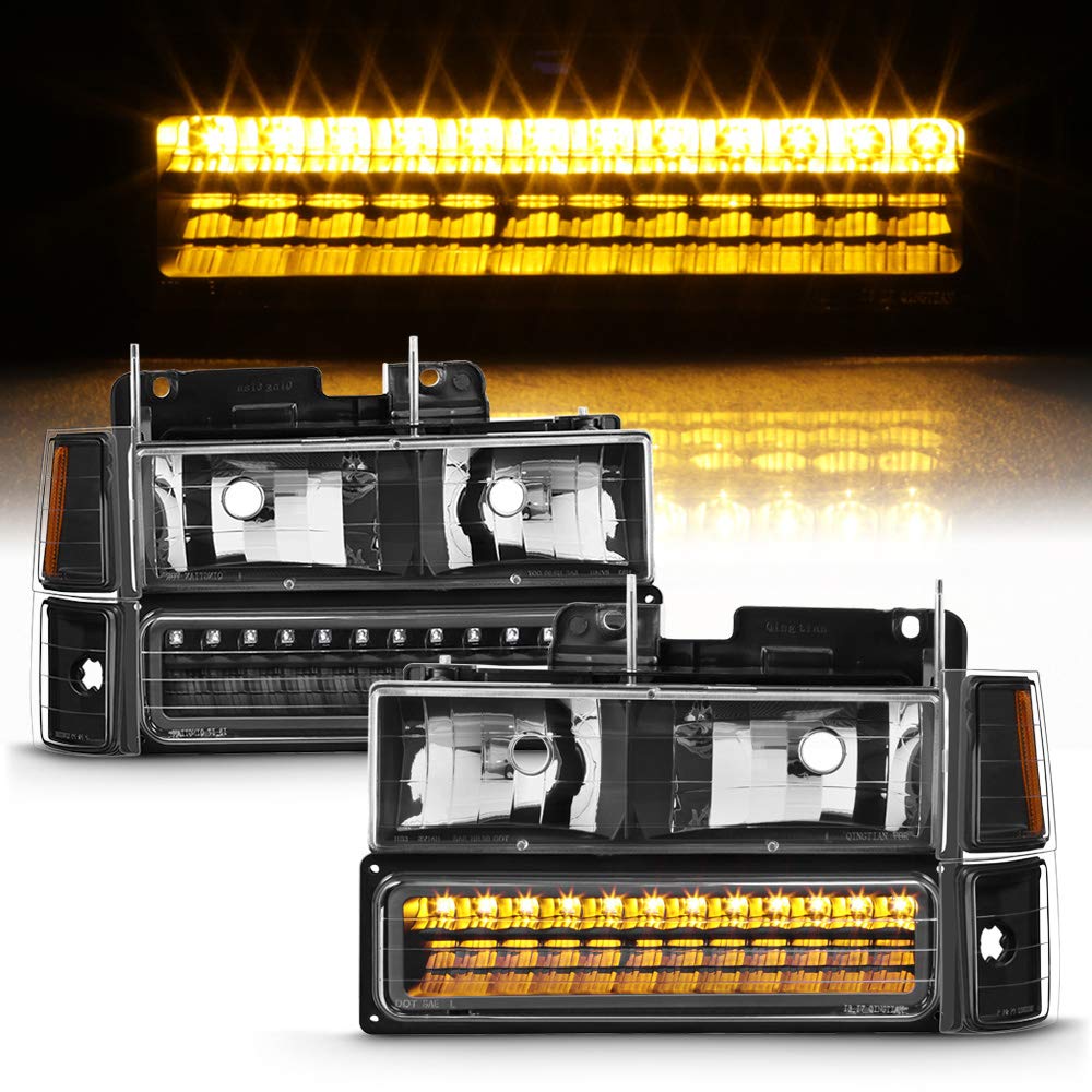 AKKON - For Chevy C/K Series Silverado Suburban Tahoe Pickup Truck Black Housing Headlight + LED Bumper + Corner Light Set