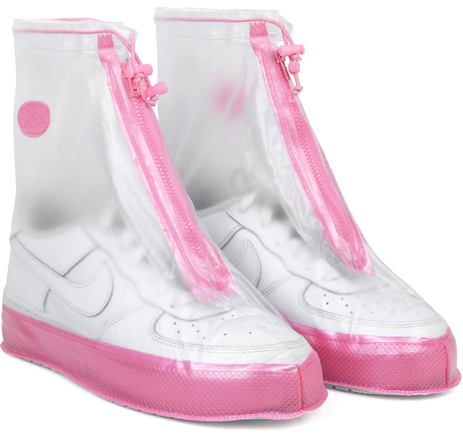 Rain Shoe Covers | Waterproof Shoe Covers For Men Women | Reusable Galoshes Overshoes (Clear/Pink, Small)