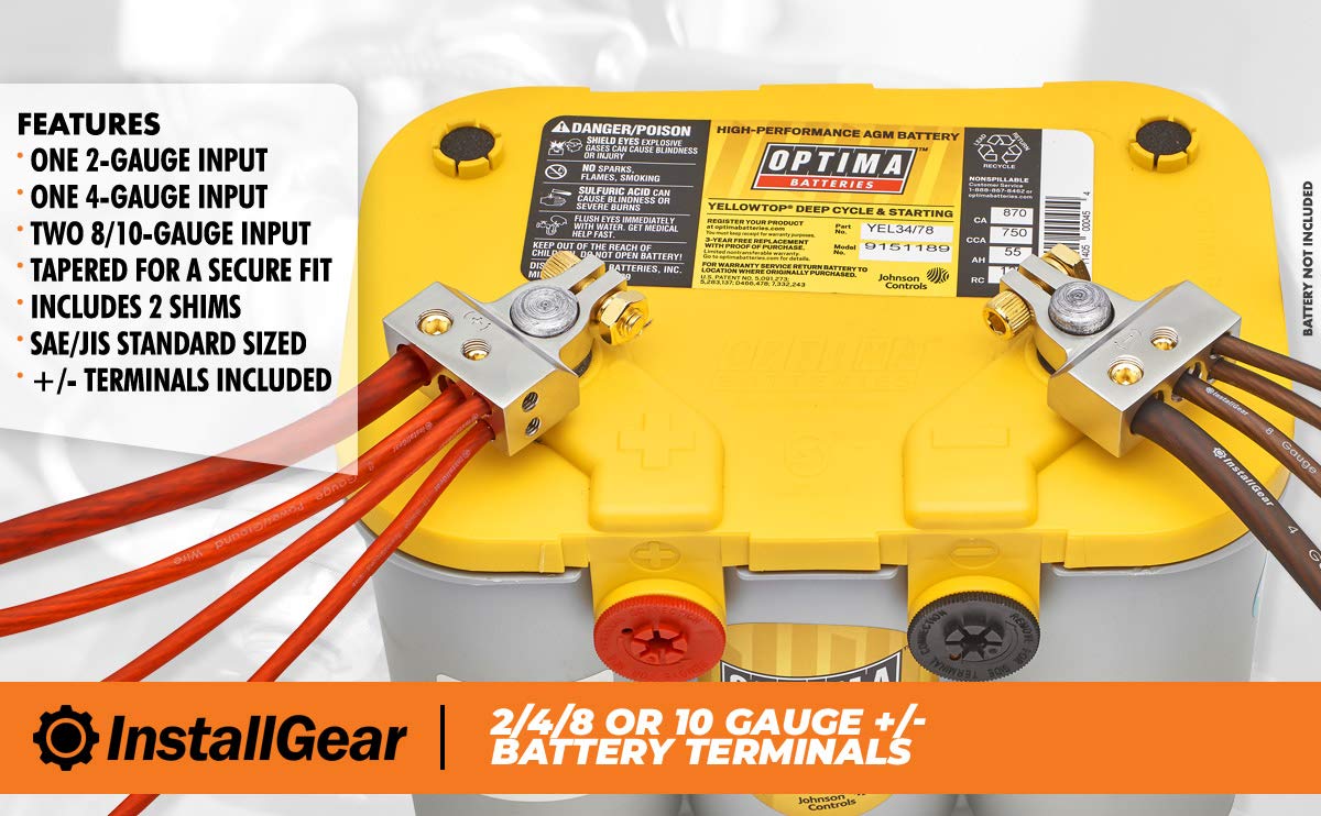 Installgear 2,4,8 Or 10 Gauge Battery Terminals W/Shims - Positive, Negative - Car Battery Terminal, Battery Pack, Heavy Duty Ba