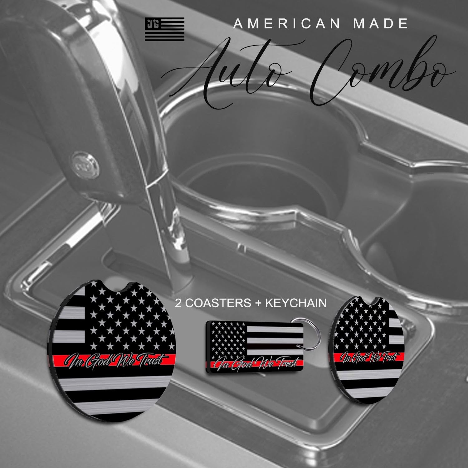 American Flag In God We Trust License Plate Frame + Red Line Coasters + Keychain - Perfect For God And Country Lovers - Tactical