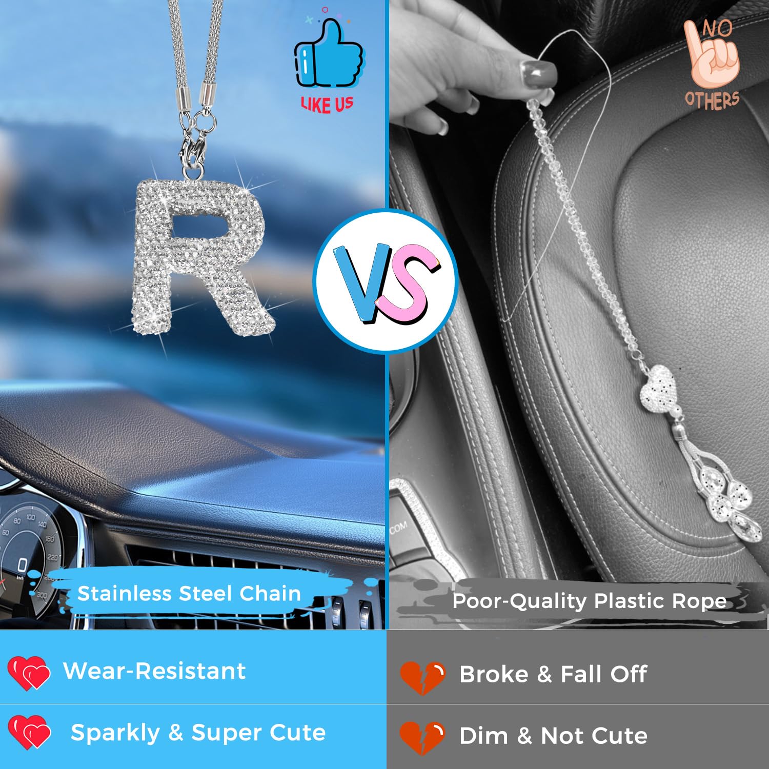 Bling Car Accessories For Women Letter Charm, Rear View Mirror Ornament Cute Hanging Crystal Pendant Girl Car Decorations, Lucky