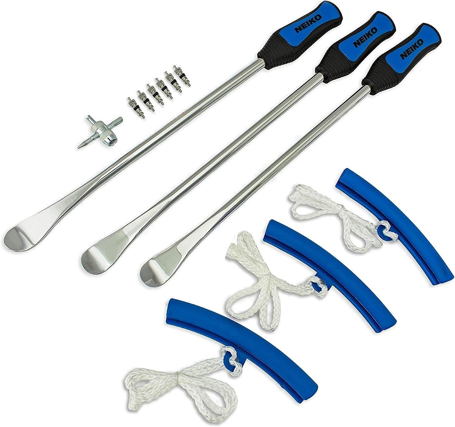 Neiko 20601A 14.5” Steel Tire Spoons Tool Set, Tire Tools Include 3 Piece Tire Spoons, 3 Piece Rim Protector, Valve Tool, 6 Piece Valve Cores, Motorcycle Tire Changer, Dirt Bike Tire Levers