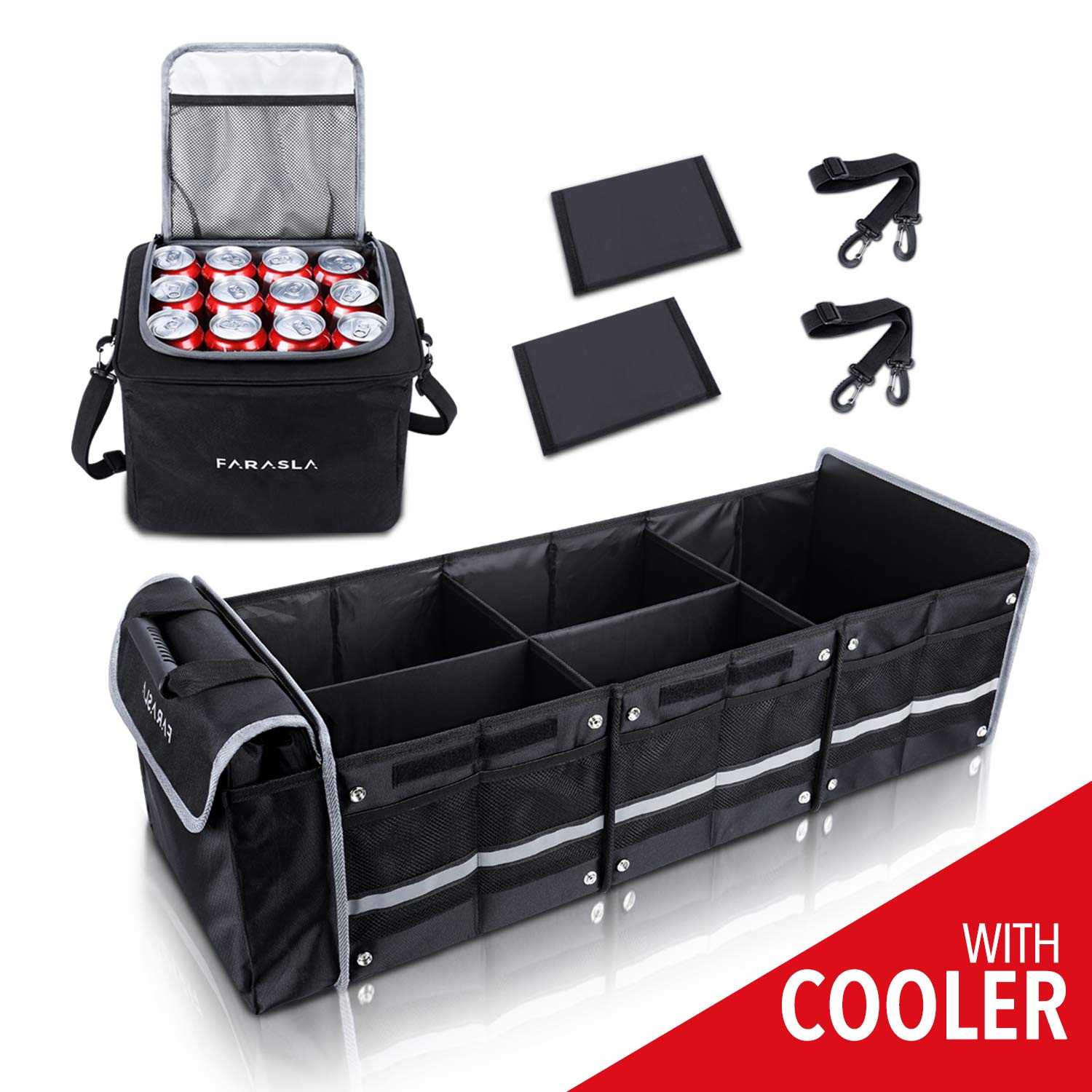Farasla Waterproof Trunk Organizer with Insulated Cooler Bag, 4-in-1, Black, Model Farasla02, Foldable, Adjustable Straps