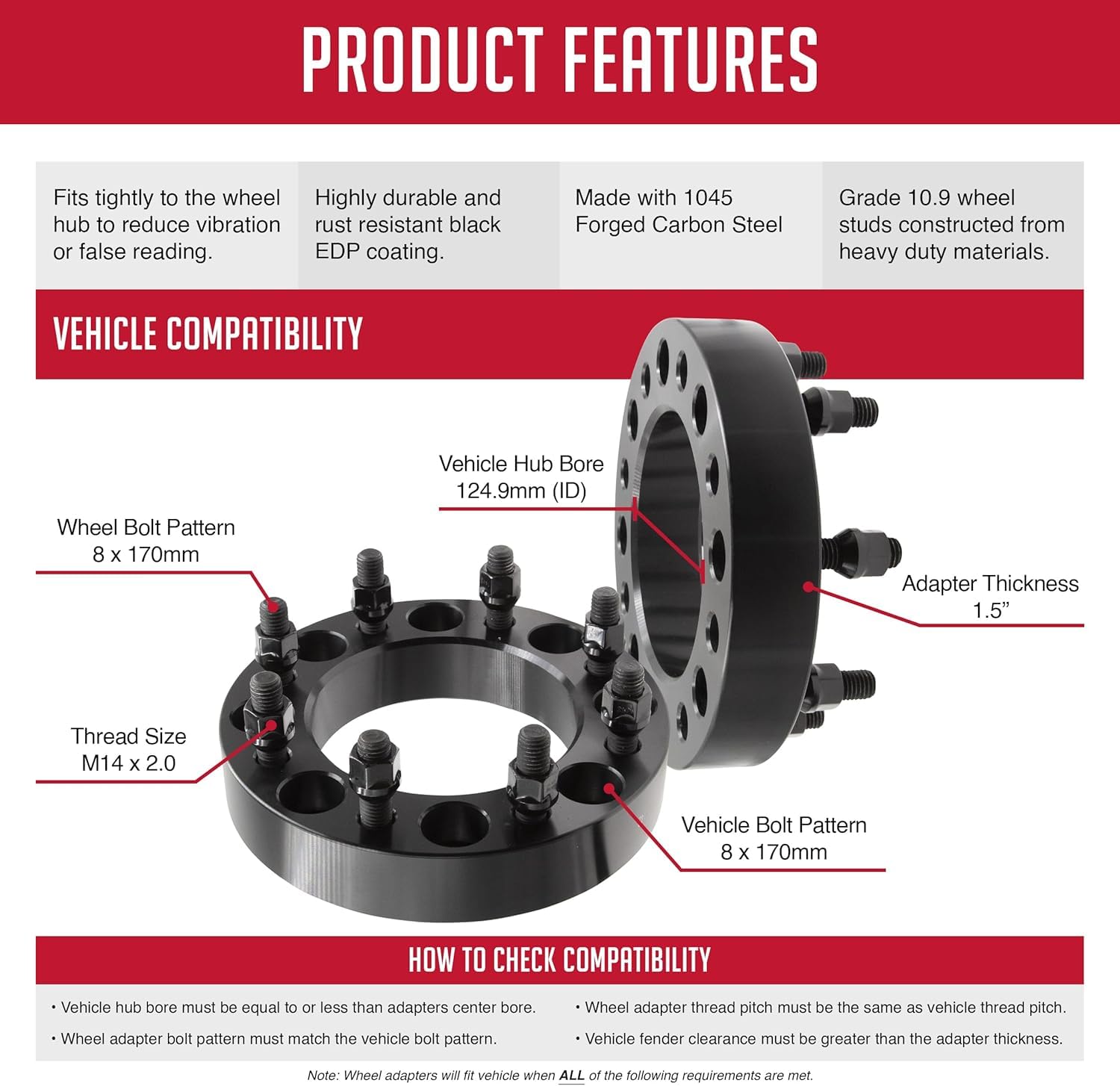Wheel Accessories Parts 1 Pc Steel Wheel Spacers Adapters 8 on 170mm 8x170mm 1.5 Thick 14mm 2.0 14x2.0 Thread Stud Fits 99-04 Fo