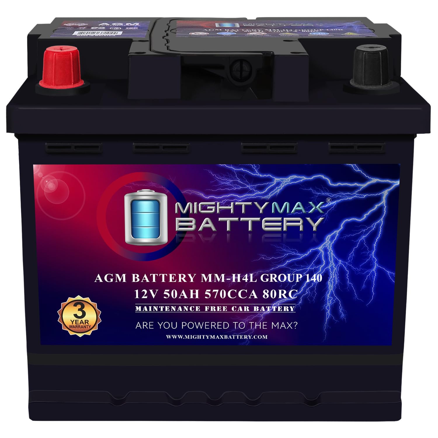 Mighty Max Battery MM-H4L Start and Stop Car BCI Group Size 140 Positive Terminal on Left Side [+ -] 12V 50 AH, 80RC, 570 CCA Re