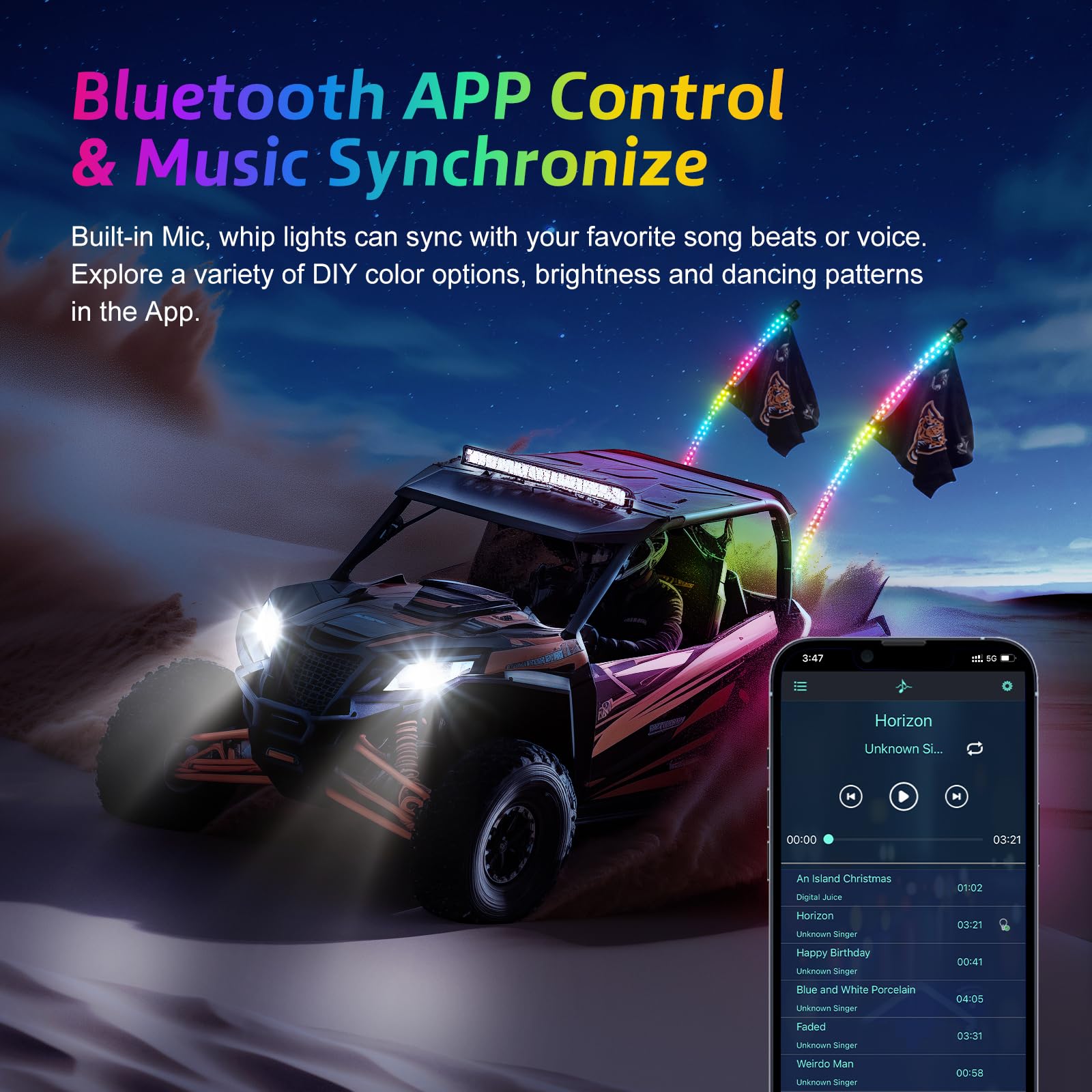 Ehaho 1 Pack 2FT Whip Lights,LED Whip Light with App & Remote Control, Spiral RGB Chasing Lighted Whips with Rocker Switch, Musi