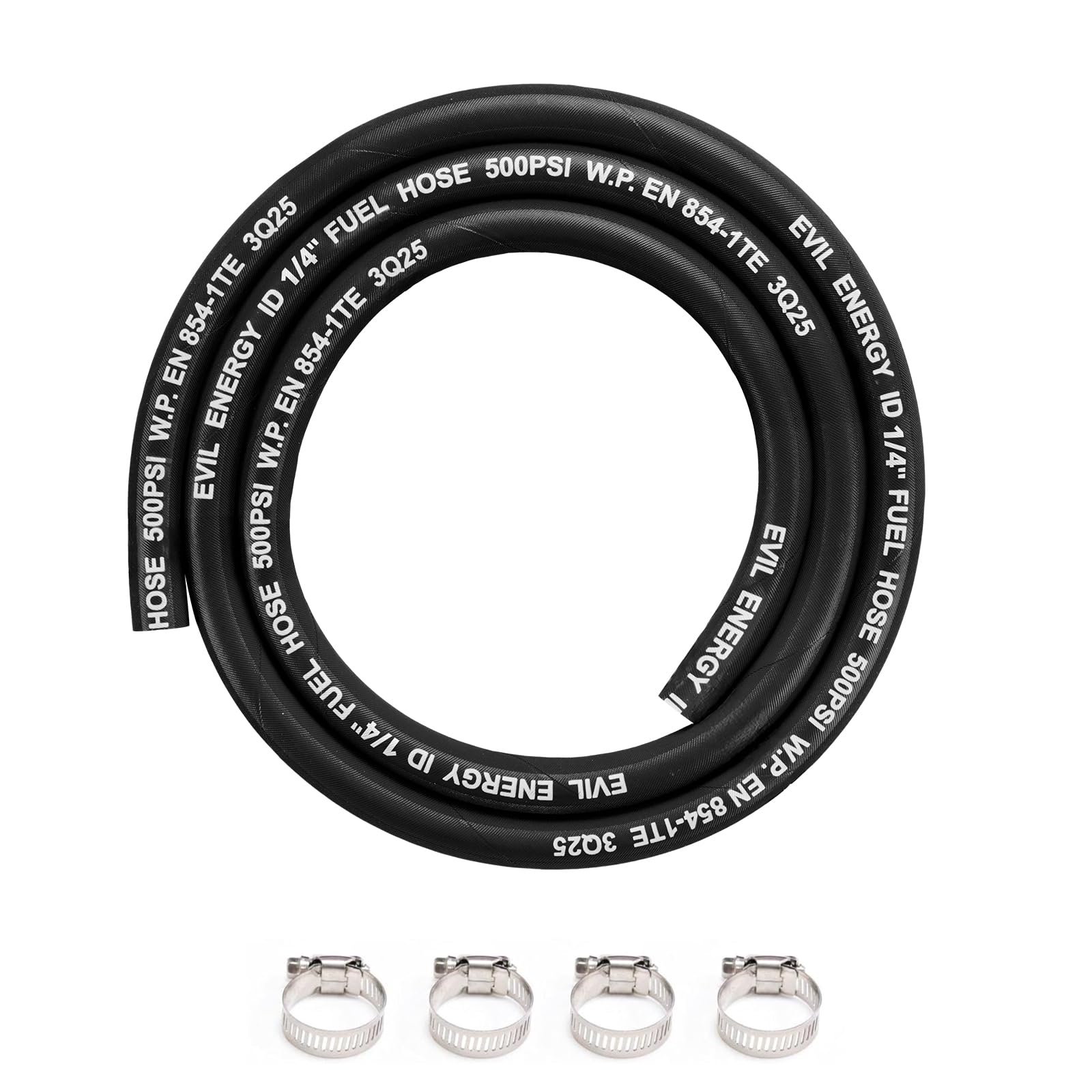 EVIL ENERGY 1/4 High Pressure Fuel Line Hose 5FT 500PSI E85 for Fuel Systems Engines NBR Rubber EN854-1TE Black