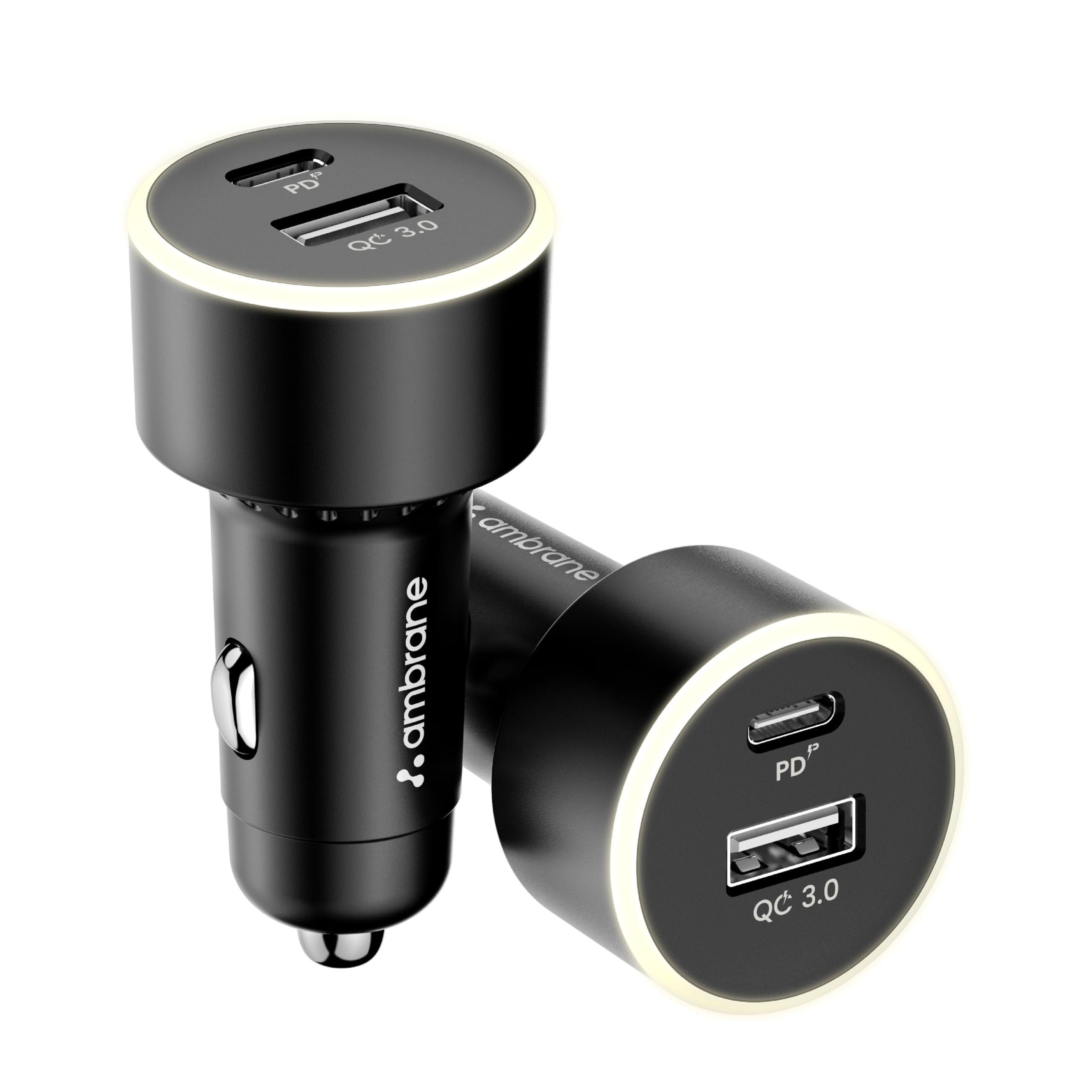 Ambrane 85W Car Charger, Mobile & Laptop Charging (MacBook & Type C Laptops), Glowing Light, Dual Port Fast Charging, 65W Type C