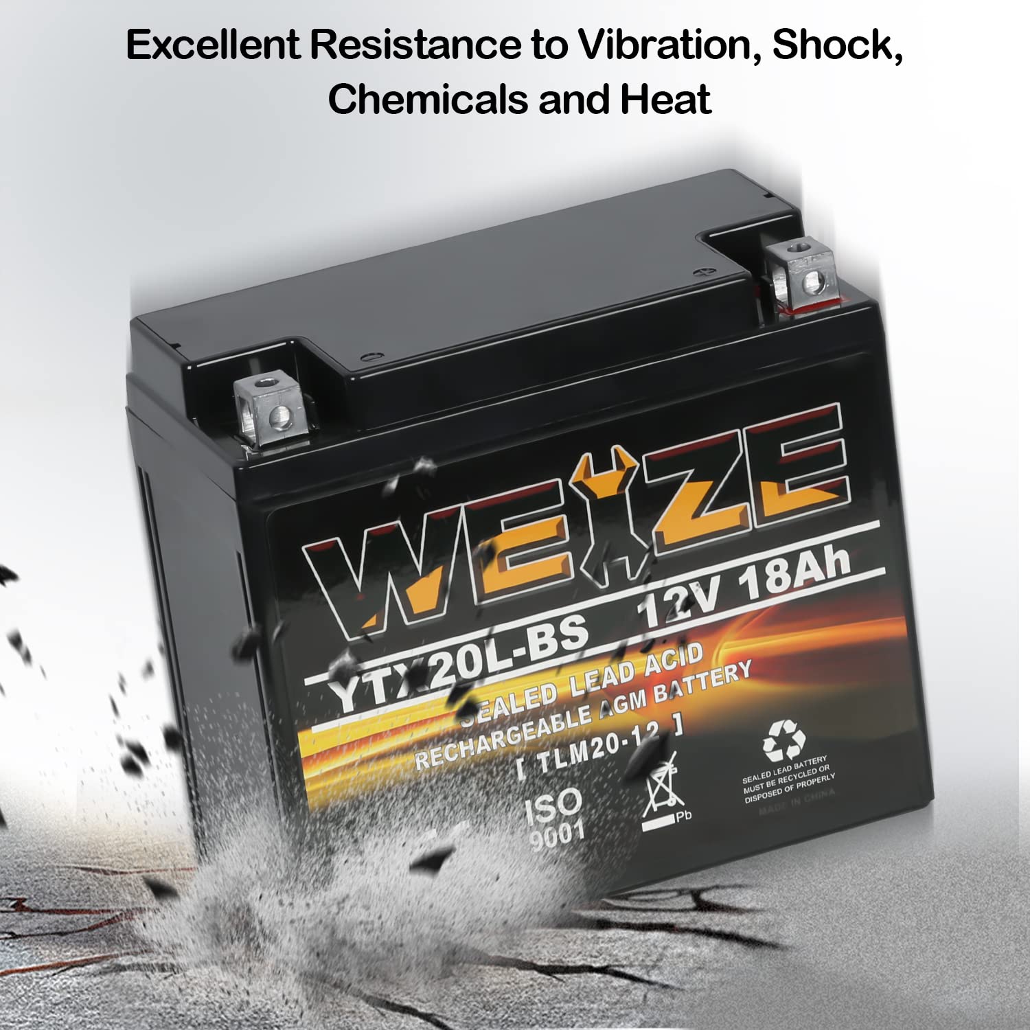 WEIZE YTX20L-BS Sealed AGM Battery for Motorcycle ATV UTV - Maintenance Free, Black