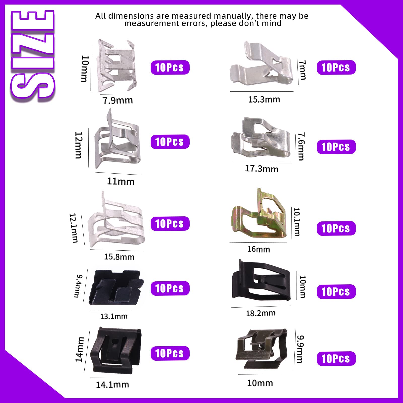 Swpeet 100Pcs 10 Sizes 7.9Mm 10Mm 11Mm 13.1Mm 14.1Mm 15.3Mm 15.8Mm 16Mm 17.3Mm 18.2Mm Metal Trim Panel Spring Clip Auto Car U-Cl
