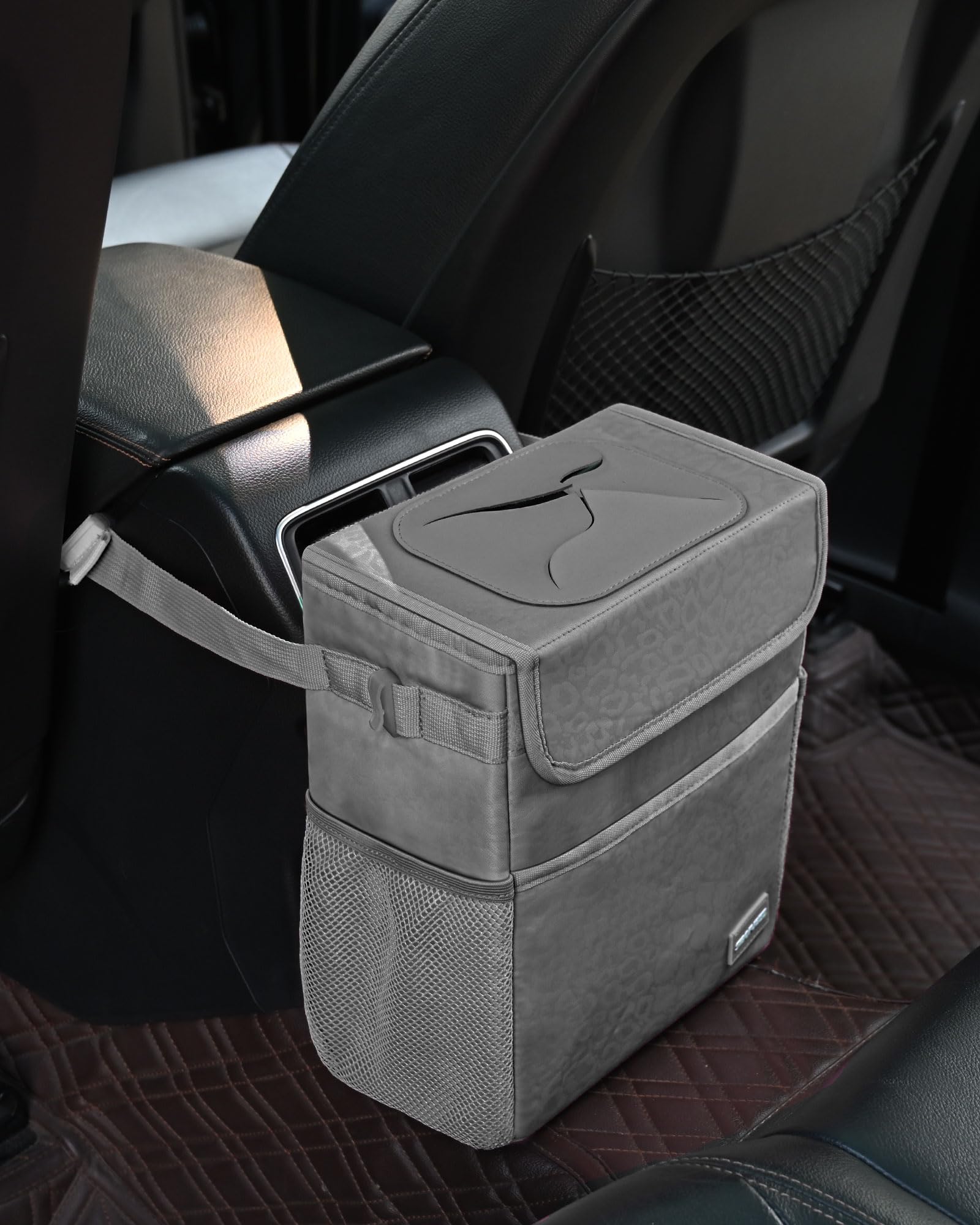 SIBOFUEGO Car Trash Can - Adjustable, Waterproof, 2 Gallons, Leopard Print Gray, Model SB23-08, Cute Collapsible Garbage Bin