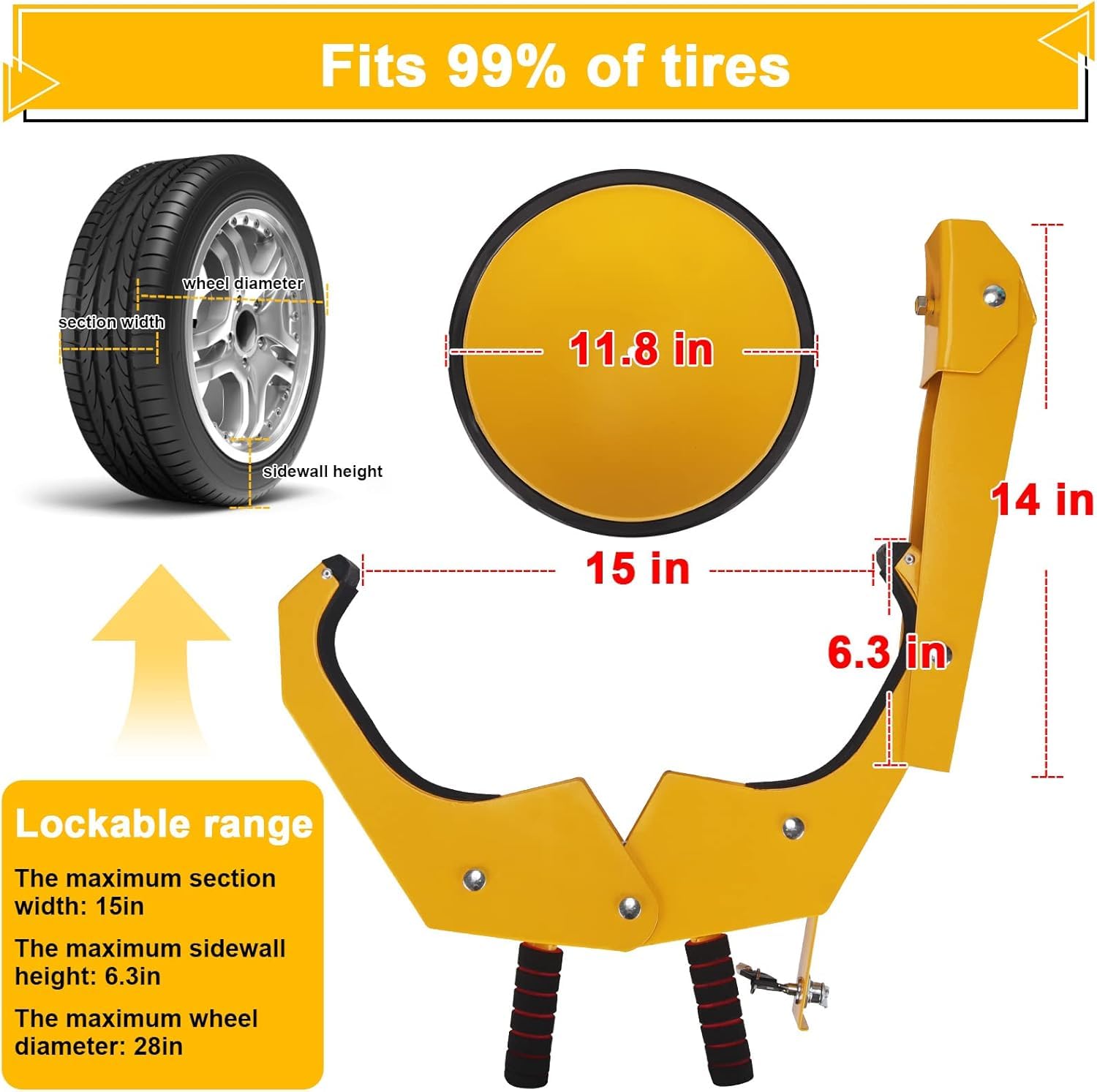Turnart Wheel Lock Clamp - Adjustable Anti-Theft Tire Boot, Yellow, Aluminum, Model Turnart-619 for Cars, Trucks, RVs