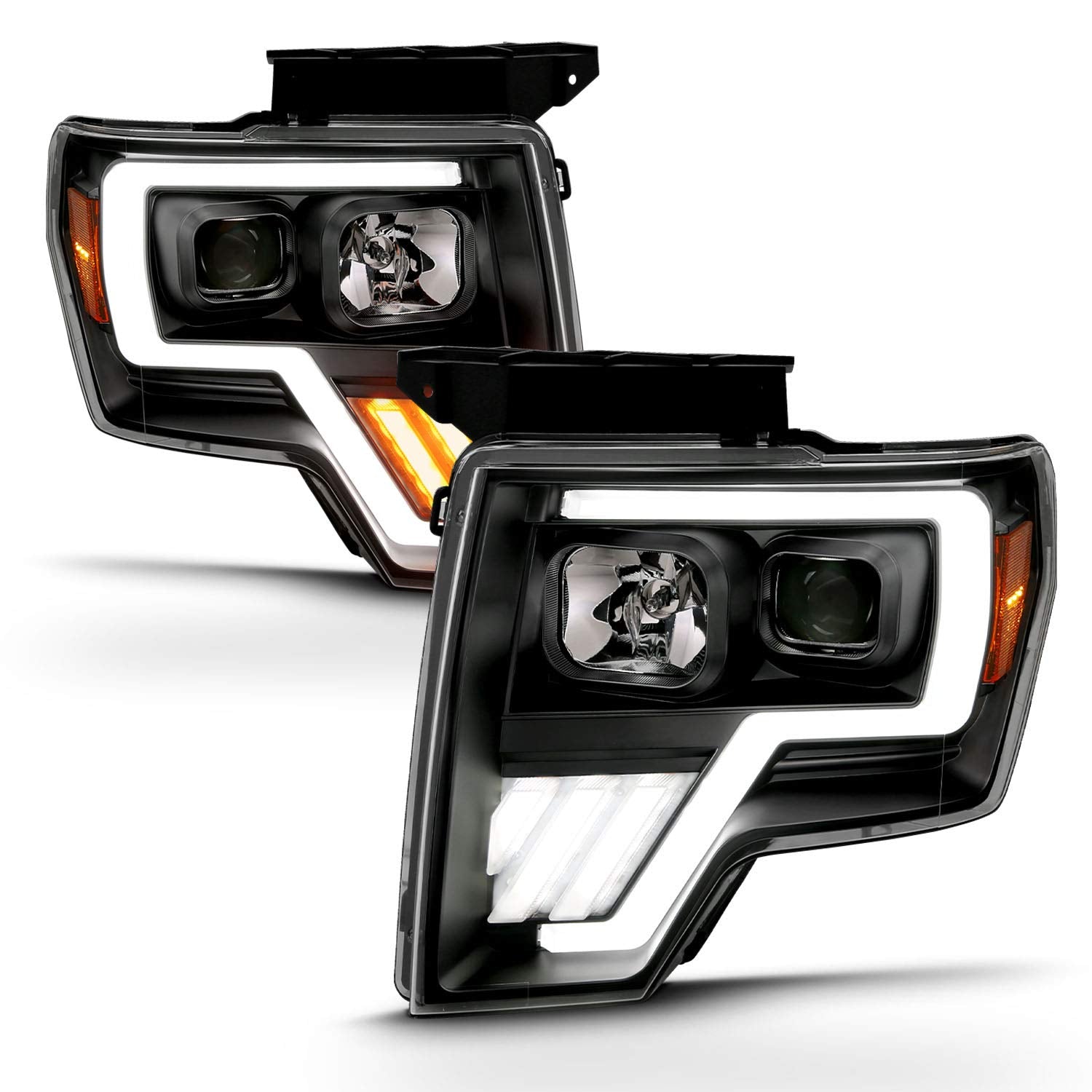AmeriLite Replacement Headlights - Switchback LED, Halogen, Quad Projector Set for 2009-2014 Ford F150, Driver & Passenger Side, Black LED Tube