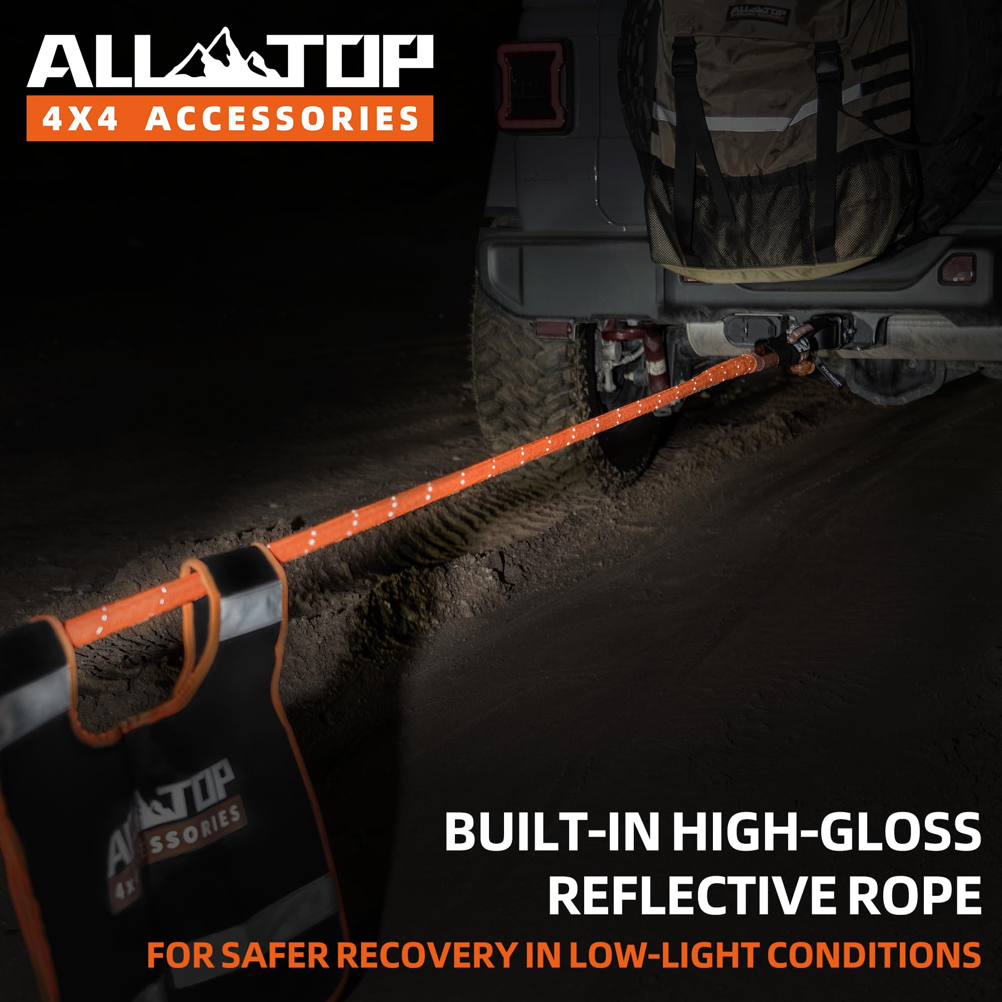 All-Top Kinetic Rope Kit (Reflective) W/ 2 Soft Shackles, 48000Lbs, 1In X 30Ft, Heavy Duty 30+% Elasticity, 16000Lbs Work Load L