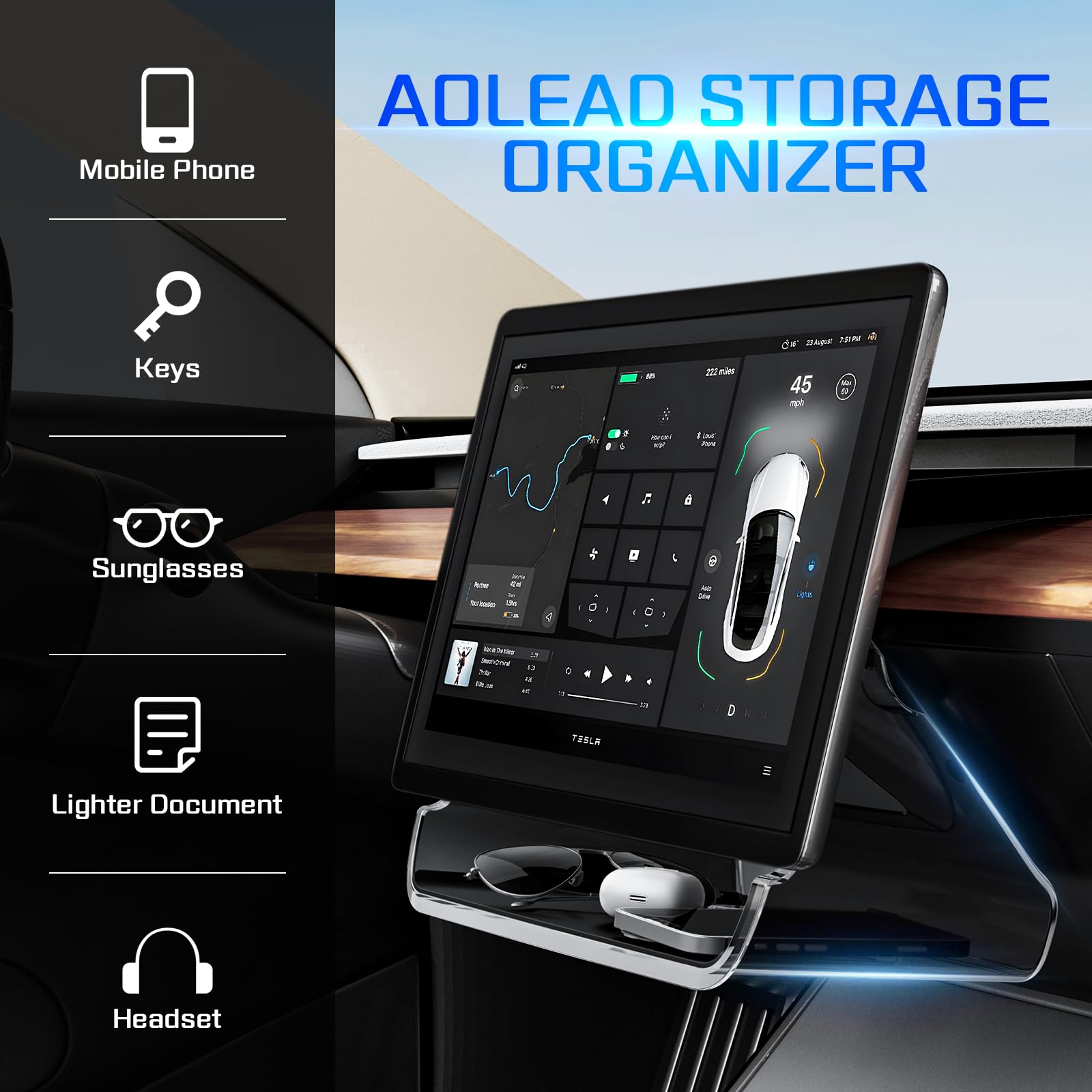 AOLEAD Tesla Center Console Organizer Tray:Under Screen Magnetic Storage Box for Model Y Model3 Accessories 2024 2023 2022 2021