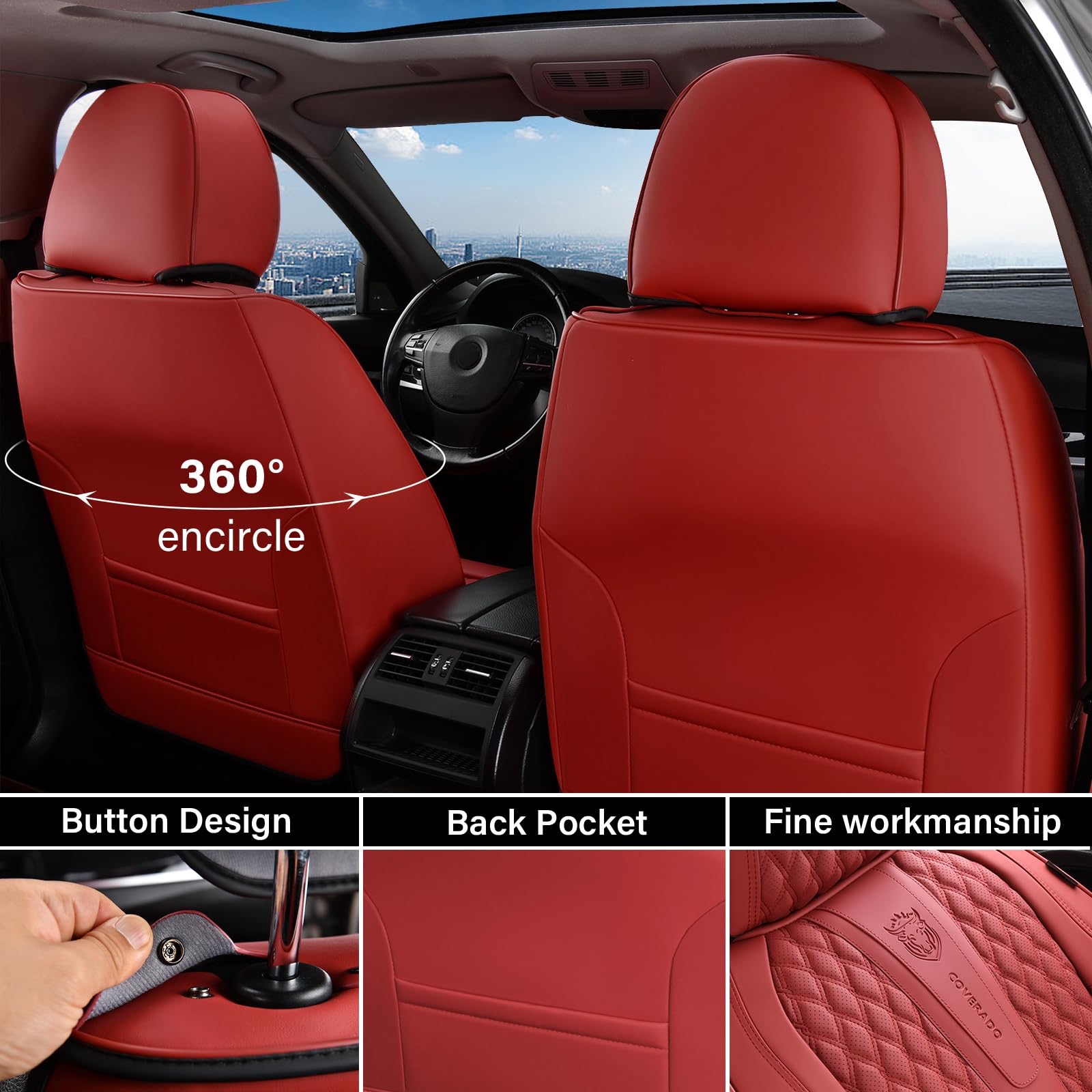 Coverado Car Seat Covers Front Seats, Luxury Faux Leather Red Seat Covers for Cars Waterproof Seat Covers with Lumbar Support, C