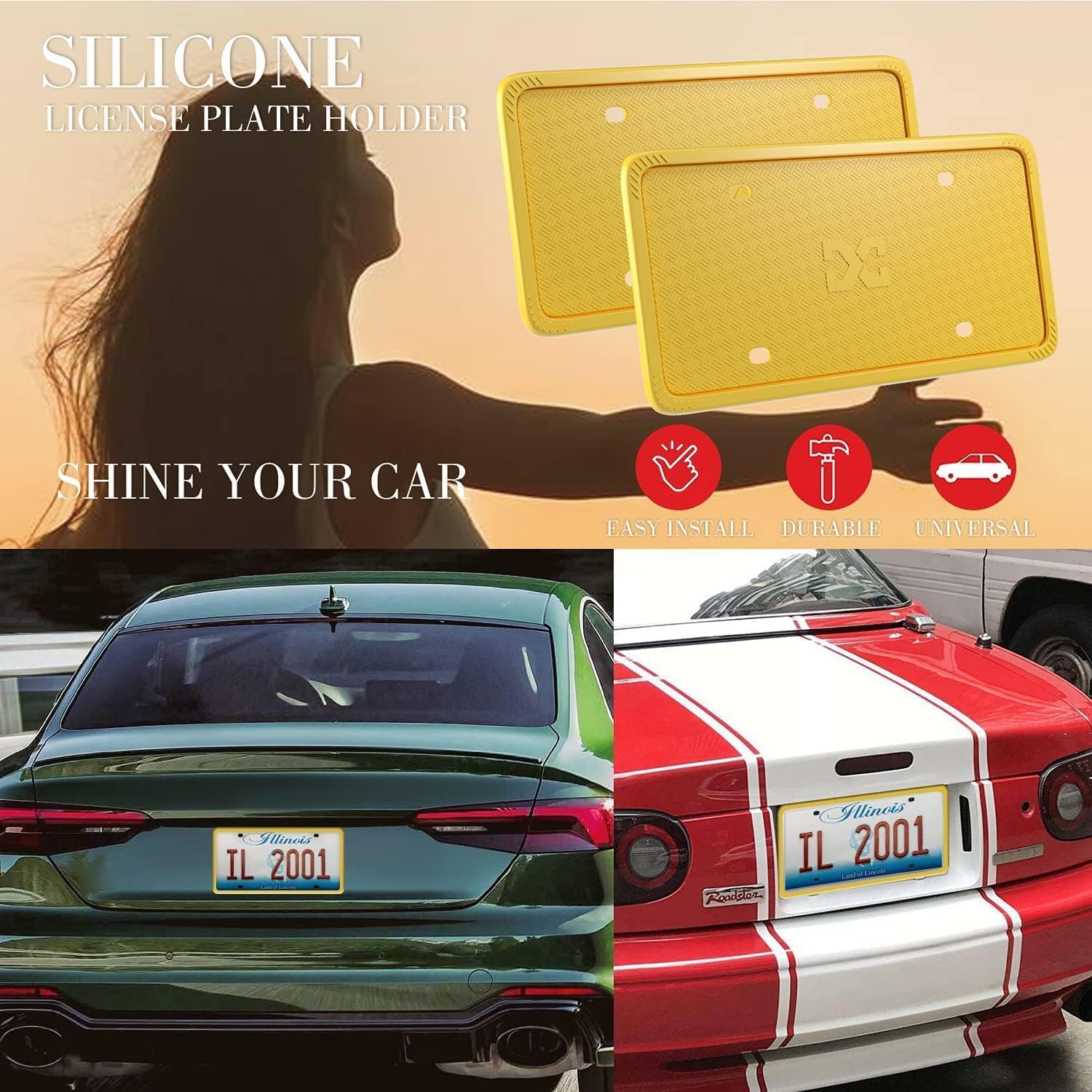 Xclpf Silicone Yellow License Plate Frame Covers 1 Pack- Front And Back Car Plate Bracket Holders. Rust-Proof, Rattle-Proof(Yell