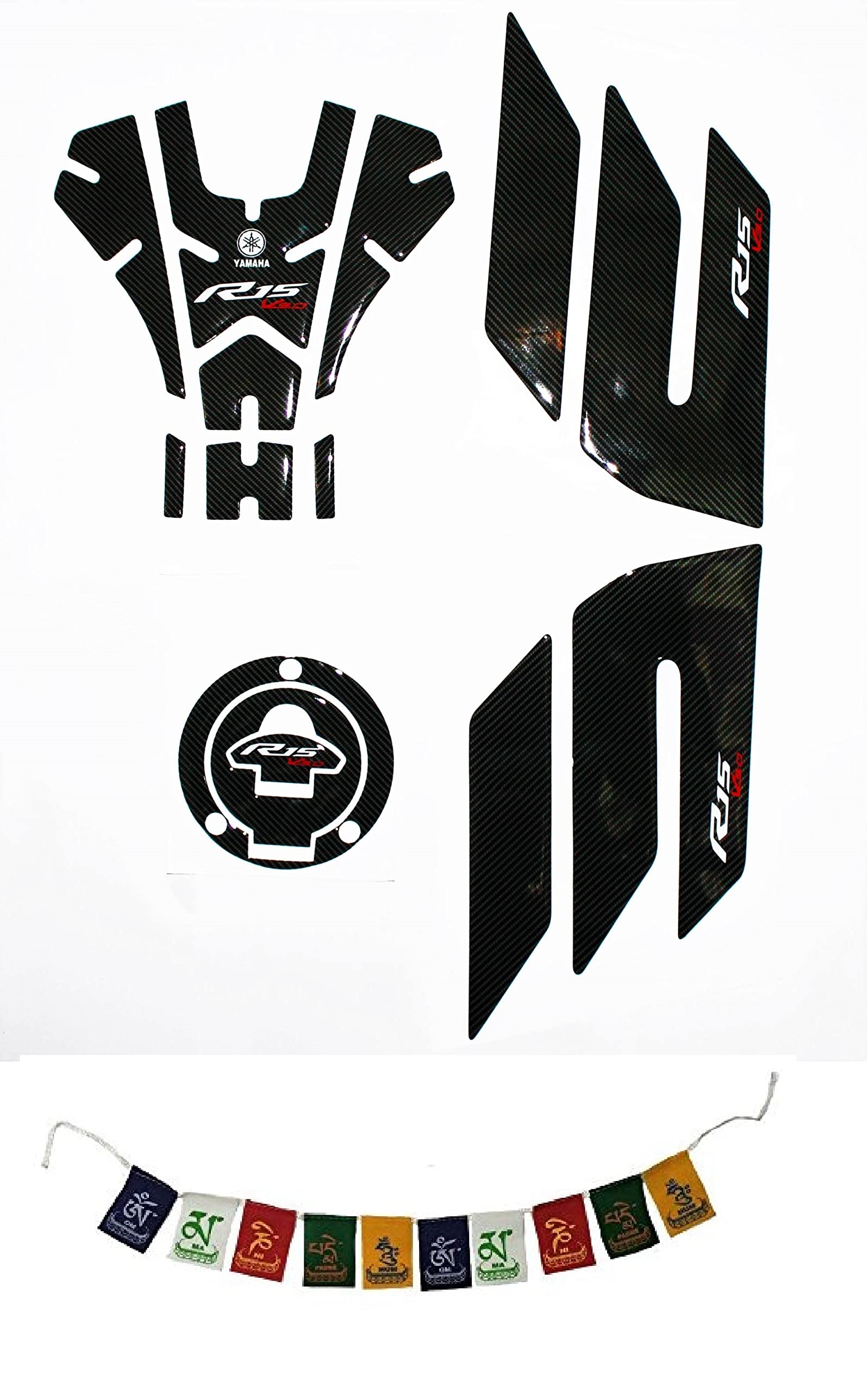 Acube Mart R15 V3 Carbon Fiber Look Full Tank Pad Kit + Ladakh Flag