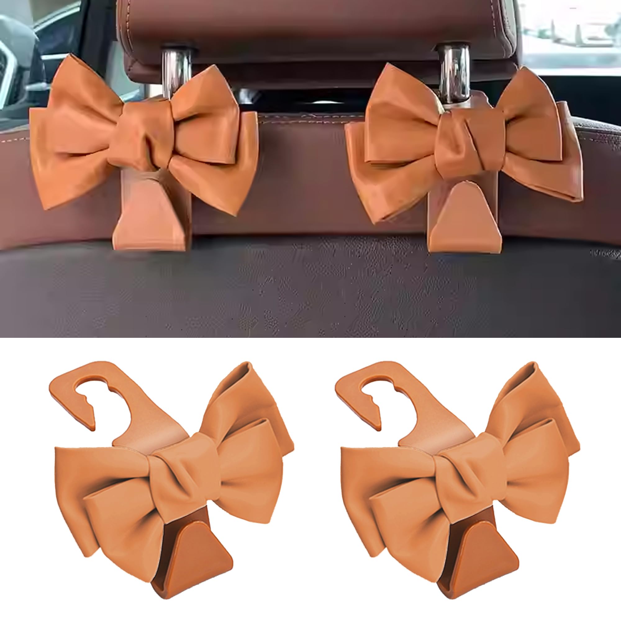 Honibaoto 2 PCS Car Seat Headrest Hooks, Cute Bow Shaped Vehicle Backseat Storage Hooks, Leather Bow Shaped Sturdy Car Seat Back