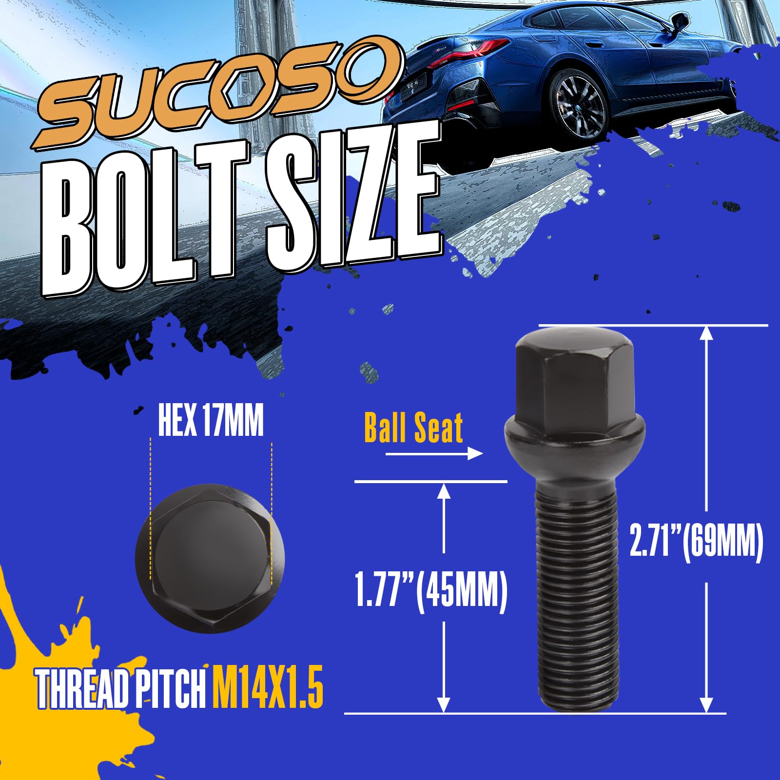SUCOSO 20PCS Extended Lug Bolts, M14x1.5, 45mm Shank Length, Black SCM 435, Compatible with VW A3 A4 A6 A