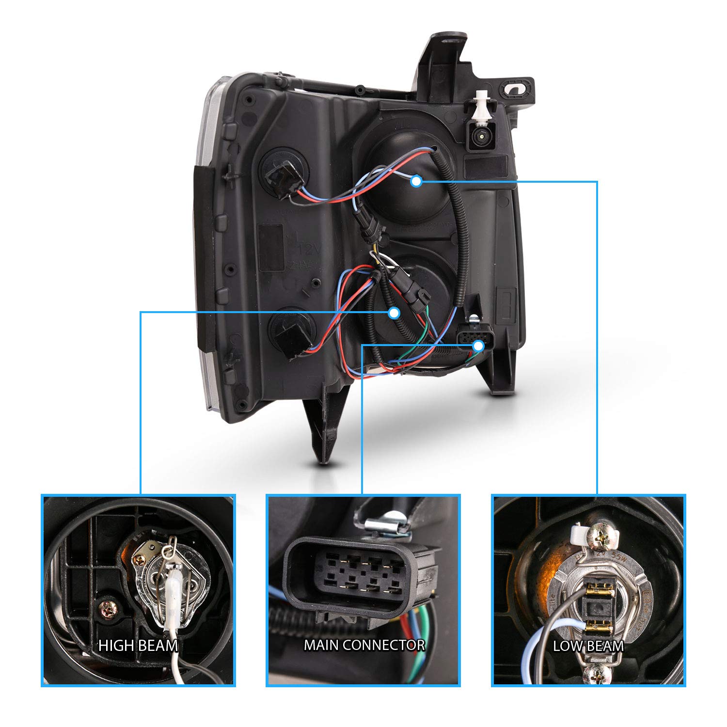 AmeriLite Quad Projector LED Halogen Headlights for 2007-2013 Chevy Silverado 1500/07-14 2500HD 3500HD - Black, Driver & Passenger