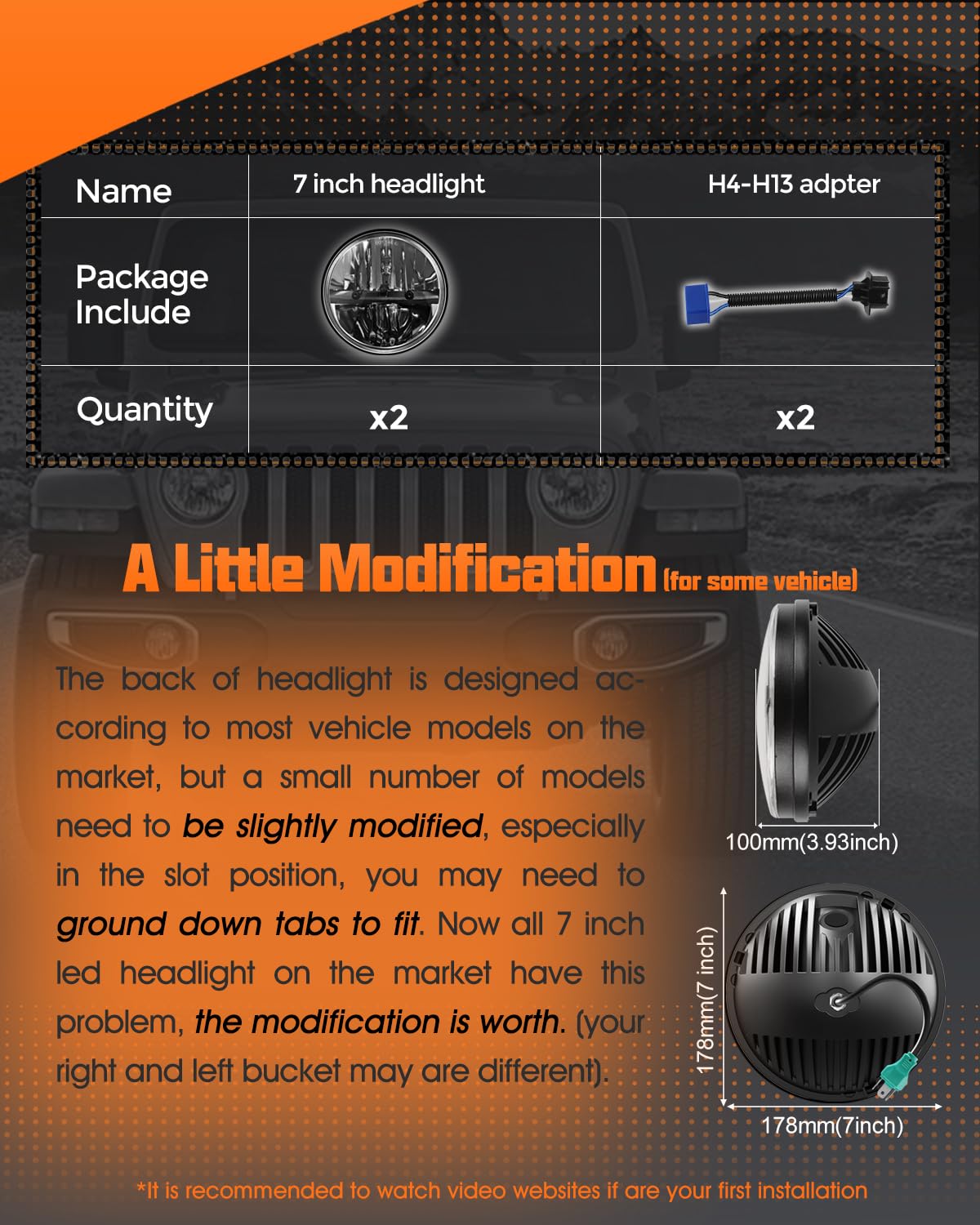 UNI-SHINE 7-Inch LED Headlights - Hi/Lo Beam, DOT Approved, Polycarbonate, Black, Model J004-C-pair, Compatible with Jeep, Chevy, Miata