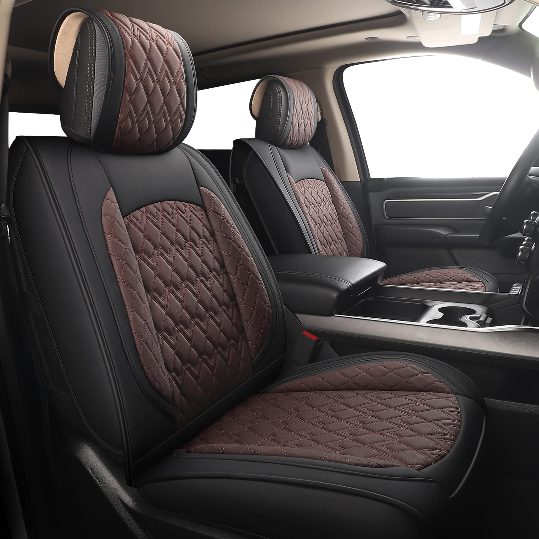 Jojobay Car Seat Covers For Dodge Ram 2 Pcs Front,Fit Ram 2009-2023 1500/2500/3500 Pick-Up Truck,Crew,Regular,Quad,Mega Cab,Waterproof Leather Seat Covers Protectors(2Pcs Front,Black-Brown)