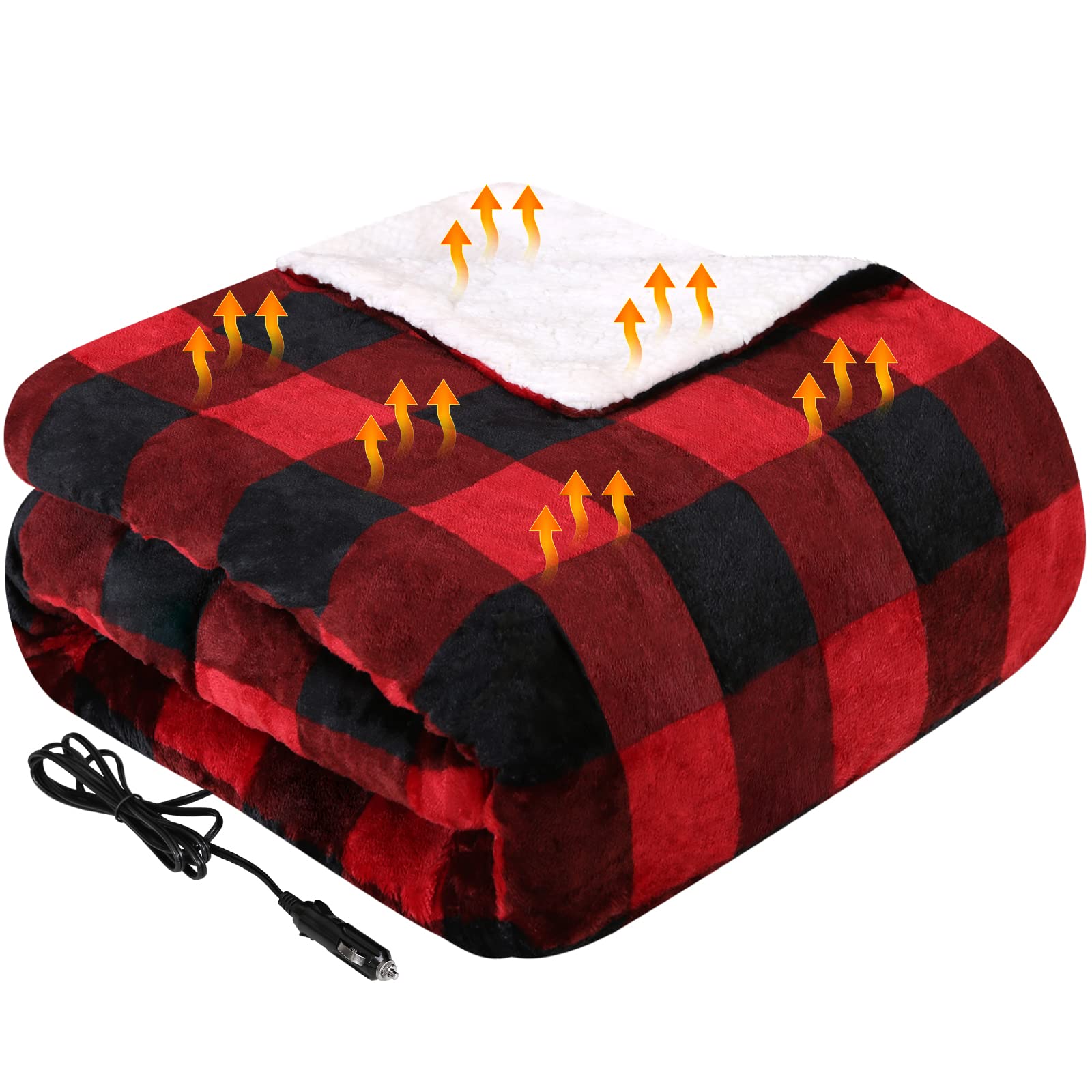 Westinghouse Heated Car Blanket, 12-Volt Electric Blanket For Car, Truck, Suv, Rv, Portable Heated Throw For Camping, Red Buffal