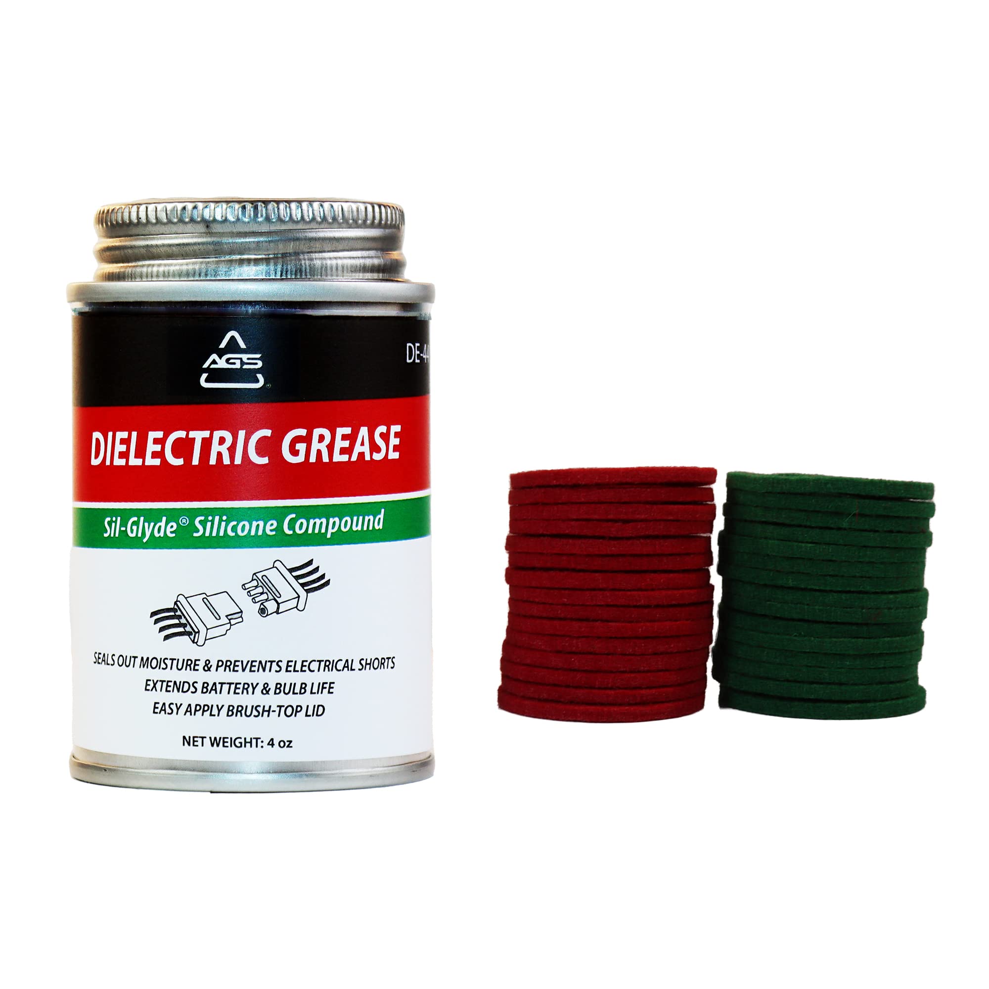 AGS Company Dielectric Silicone Grease Compound - 4oz Brush Top Can with 30 Battery Terminal Washers, Automotive Battery Kit, 10
