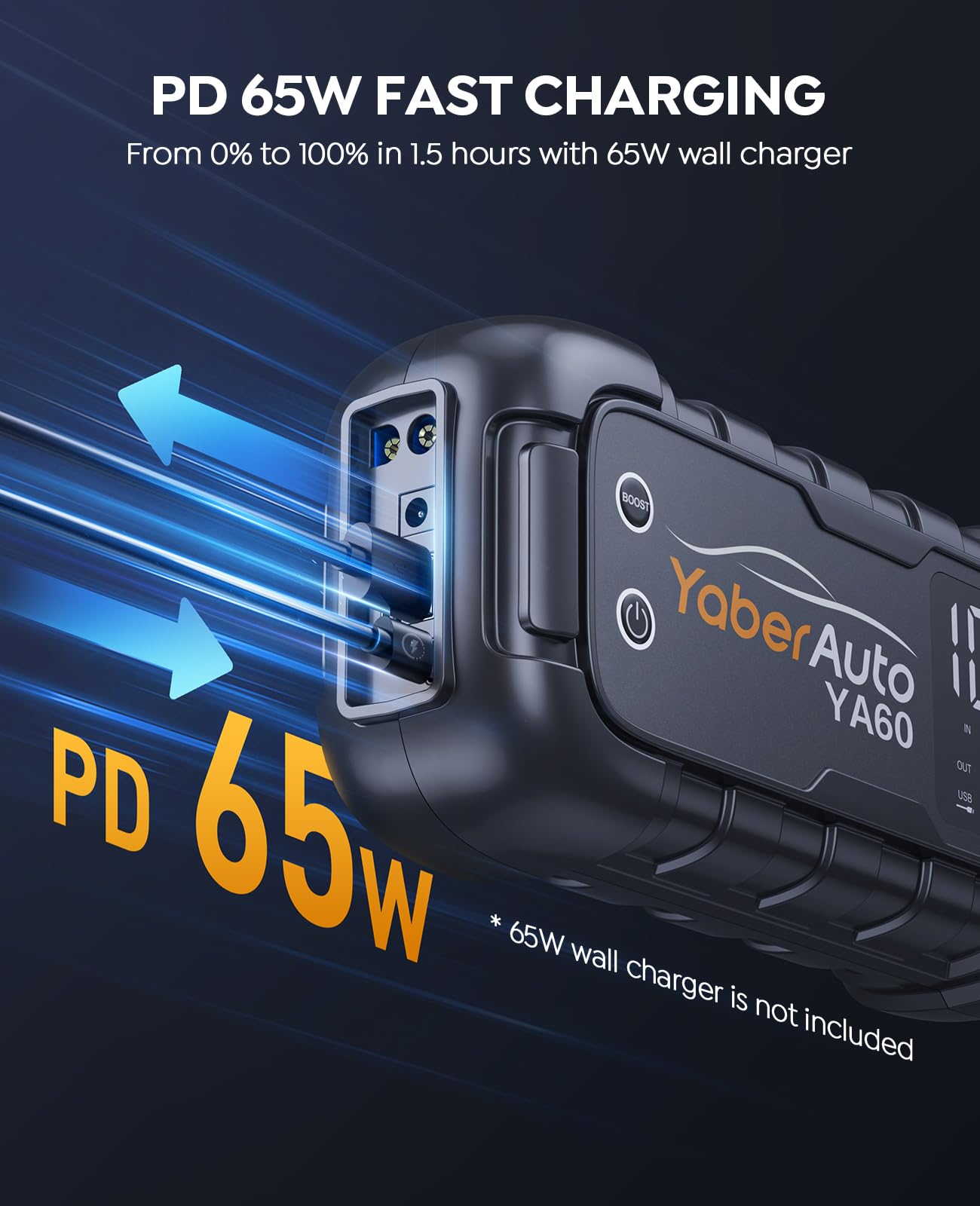 YaberAuto Portable Car Battery Jump Starter 7000A, 65W Fast Charging, Light Grey, Model YA60, Ideal for All Gas/12.0L Diesel Vehicles