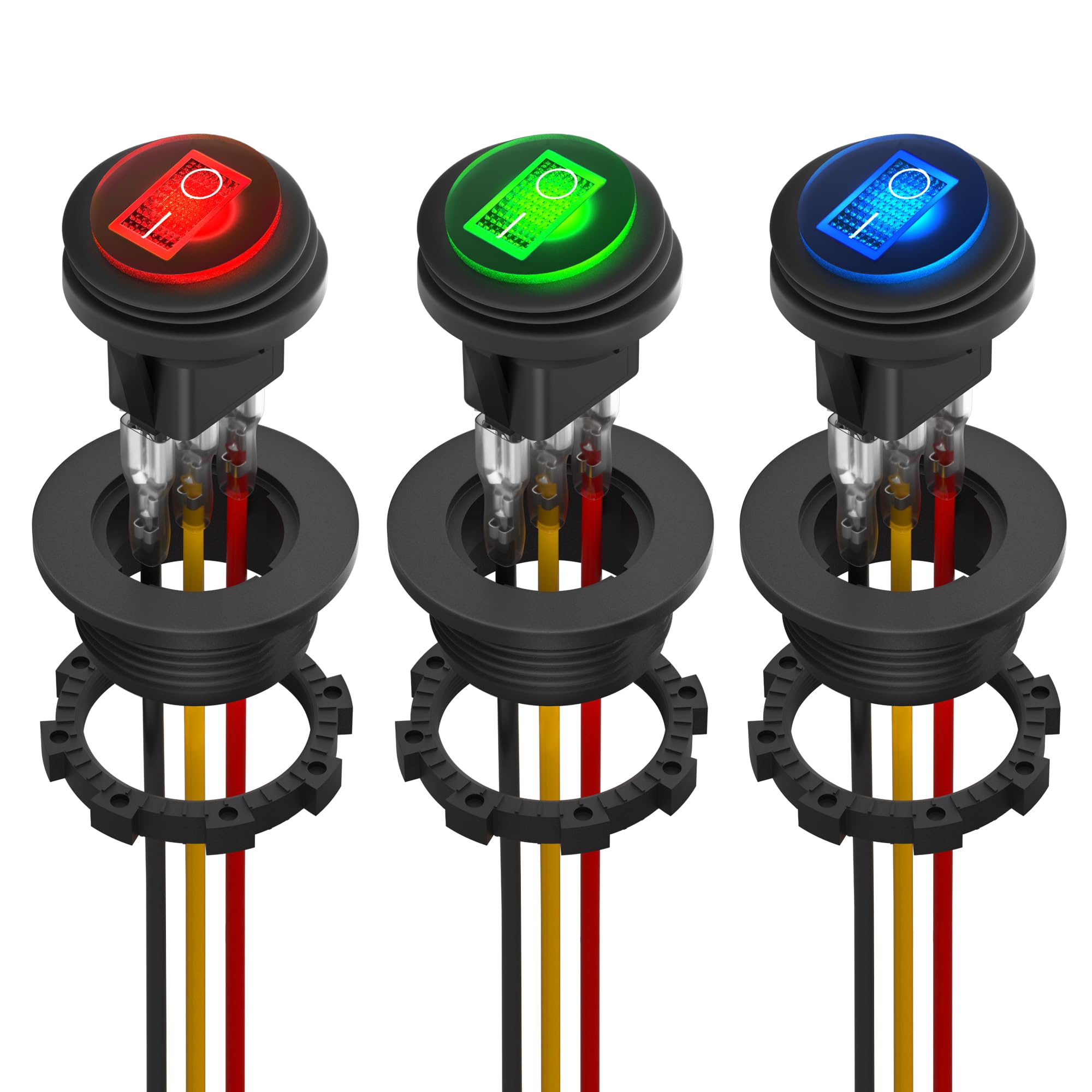 DaierTek Round Rocker Switch 12V 20A UL Listed Waterproof Marine Round Toggle Switch LED Lighted ON Off Switch Heavy Duty 3 Colo