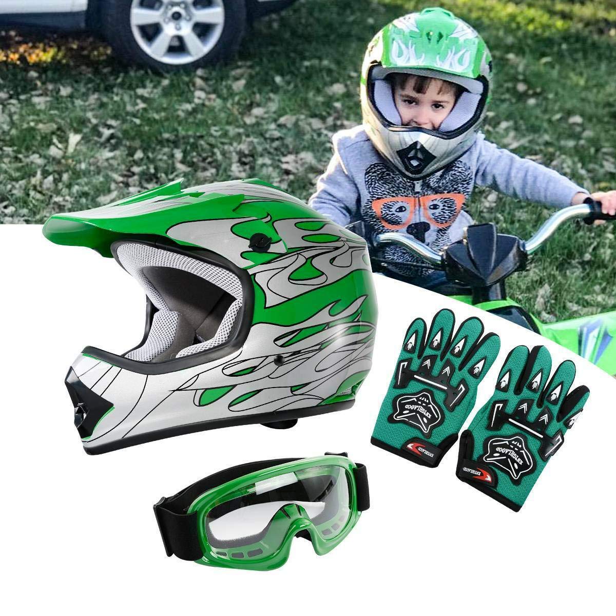 Slmoto Dot Youth Kids Motocross Offroad Street Helmet Motorcycle Helmet Dirt Bike Atv Green Flame Helmet+Goggles+Gloves,X-Large