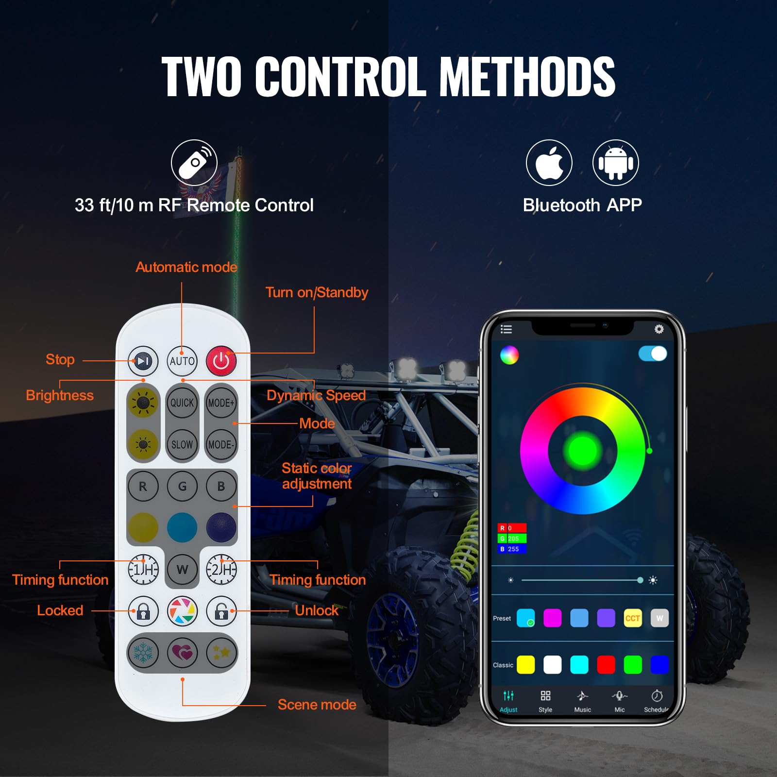 VEVOR 4 FT RGB Whip Lights with APP & RF Remote, Waterproof Polycarbonate, Model WM-31120RGB-XC-CR-2, for UTVs, ATVs,