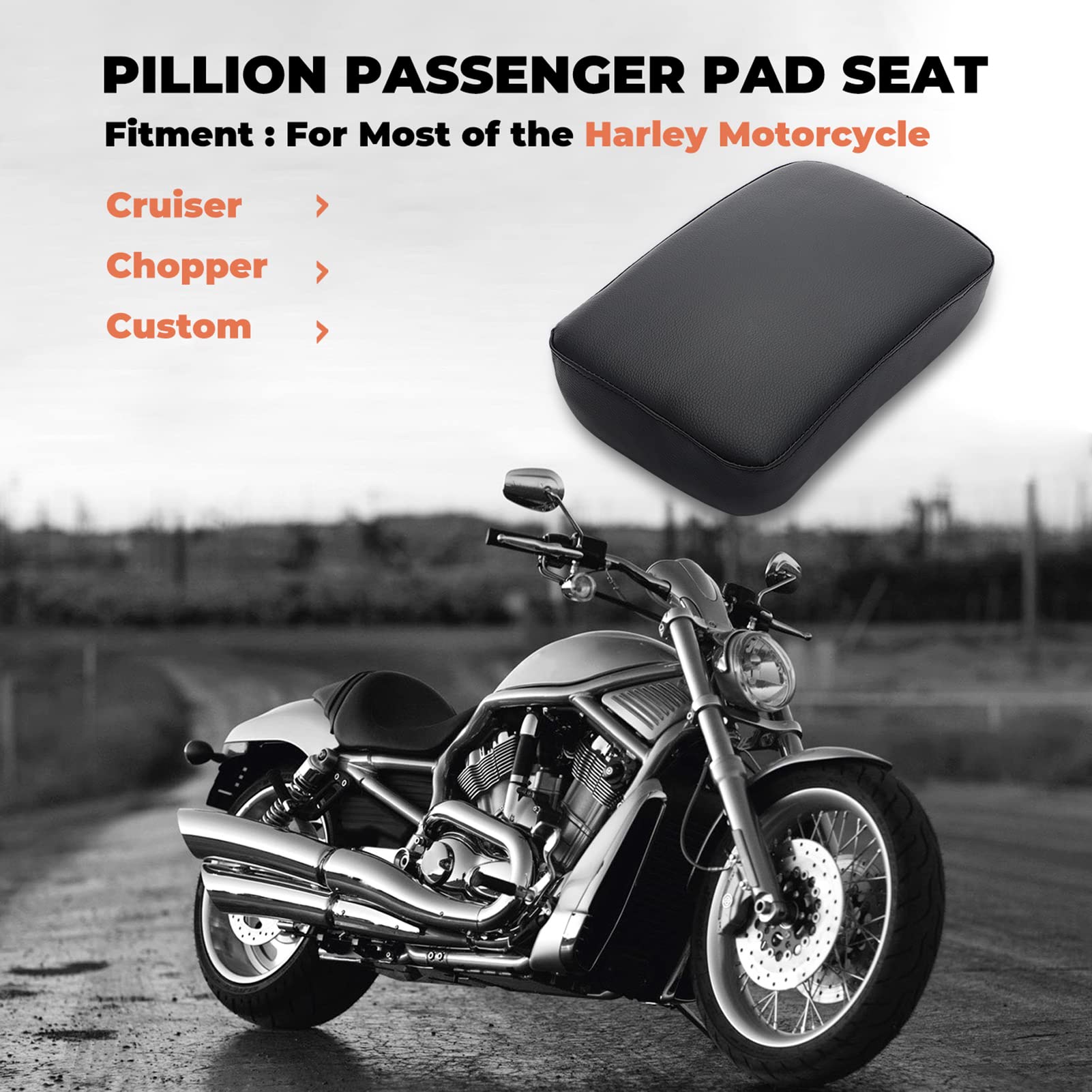 Alpha Rider Motorcycle Pillion Passenger Pad Seat - Black Faux Leather, 6 Suction Cups for Harley Custom Chopper