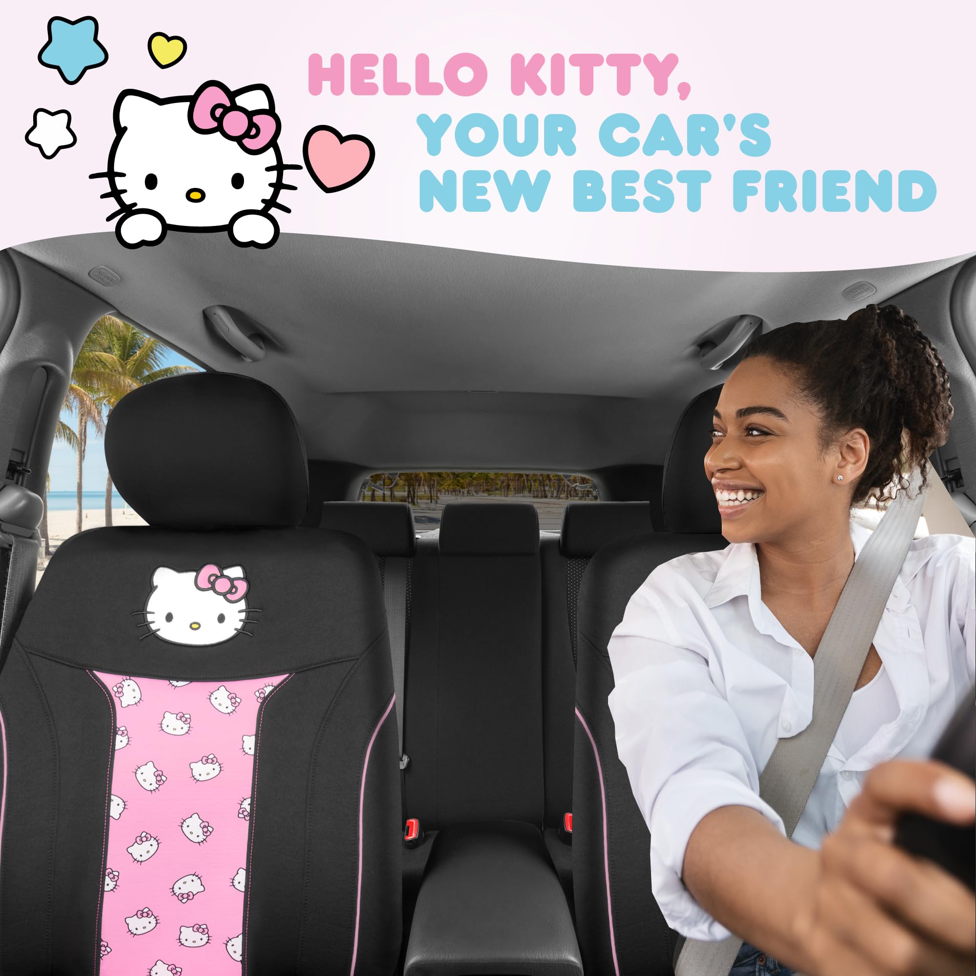 Carbella Hello Kitty Car Seat Covers - Cute Pink Polyester, 2pc Set, Black/Pink, Model SRSC-1104, Durable & Comfortable Automotive Accessories