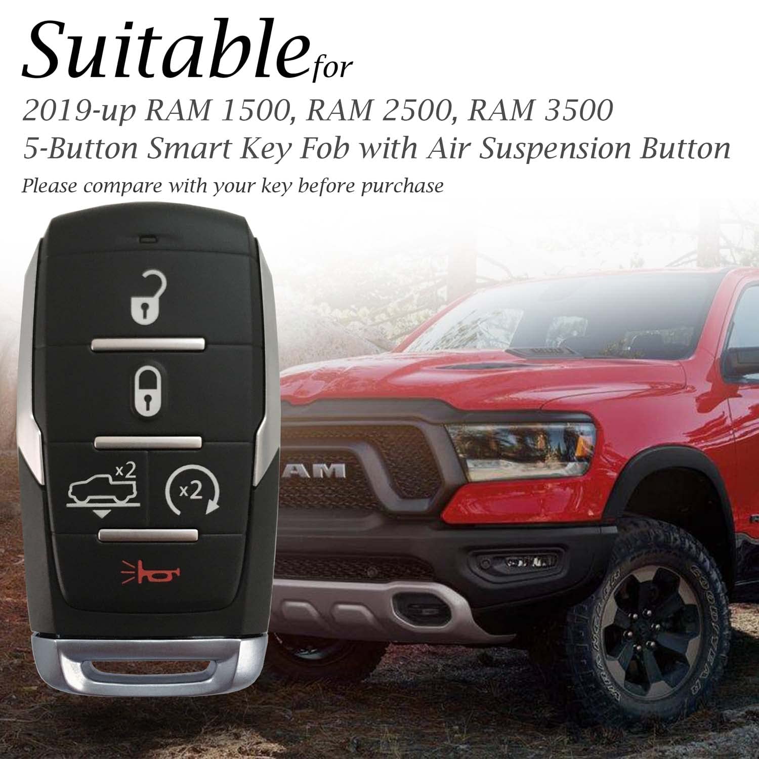 Vitodeco Genuine Leather Smart Key Fob Case Cover Protector Compatible With Ram 1500, Ram 2500, Ram 3500 2019-2025 (5-Button Wit